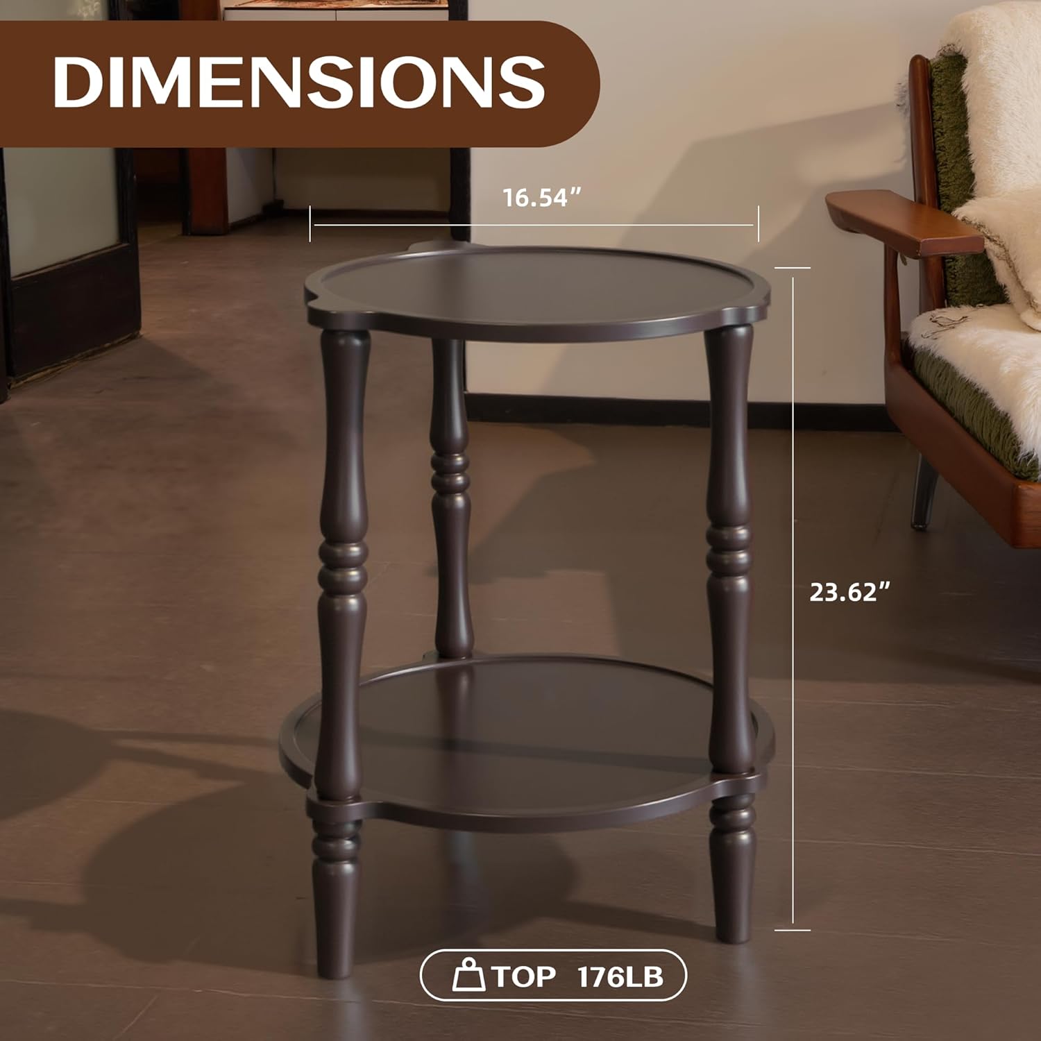 accent wood end table, 2-tier round bedside table, natural side table nightstand for family, bedroom, living room, handcrafted finish, walnut walnut 16.5 inch