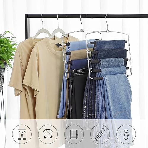 Miniatura 9 de SONGMICS Perchas para pantalones que ahorran espacio, perchas para pantalones de 5 niveles, juego de 3 perchas para múltiples faldas, colgadores