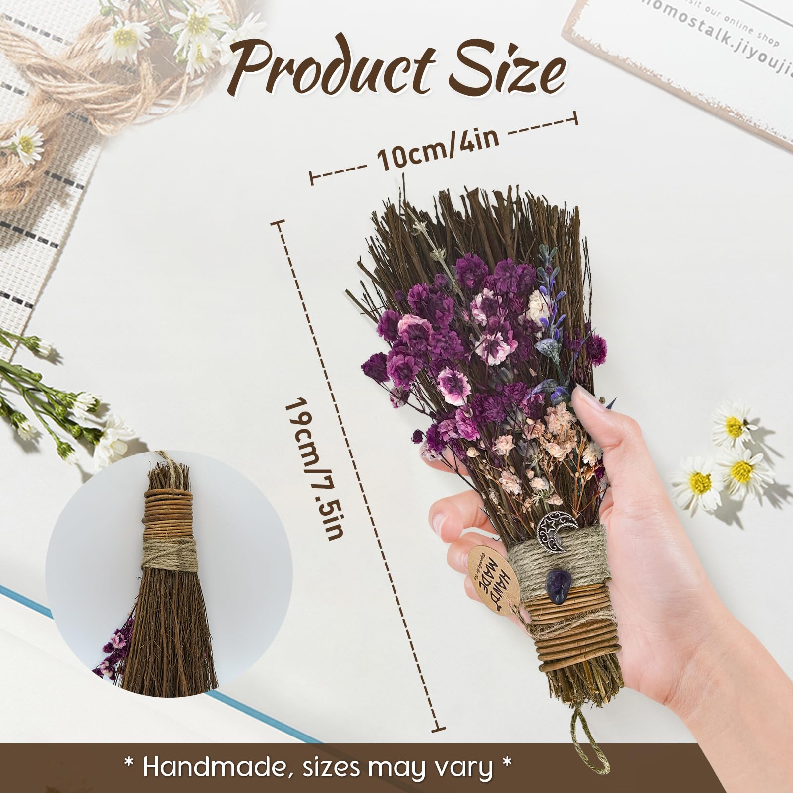 Teeloray 19 cm Altar, Mini Theme Party, Decorative Broom with Dried Flowers, Witch Broom, Cinnamon Broom - Image 2
