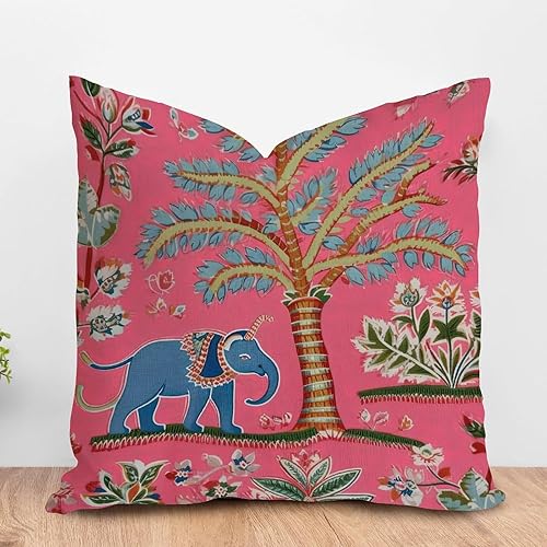 ArogGeld Funda de cojín rosa con árbol de elefante, flor de granja, chinoiserie, rosa, animal, floral, decoración del hogar, cojín oriental,