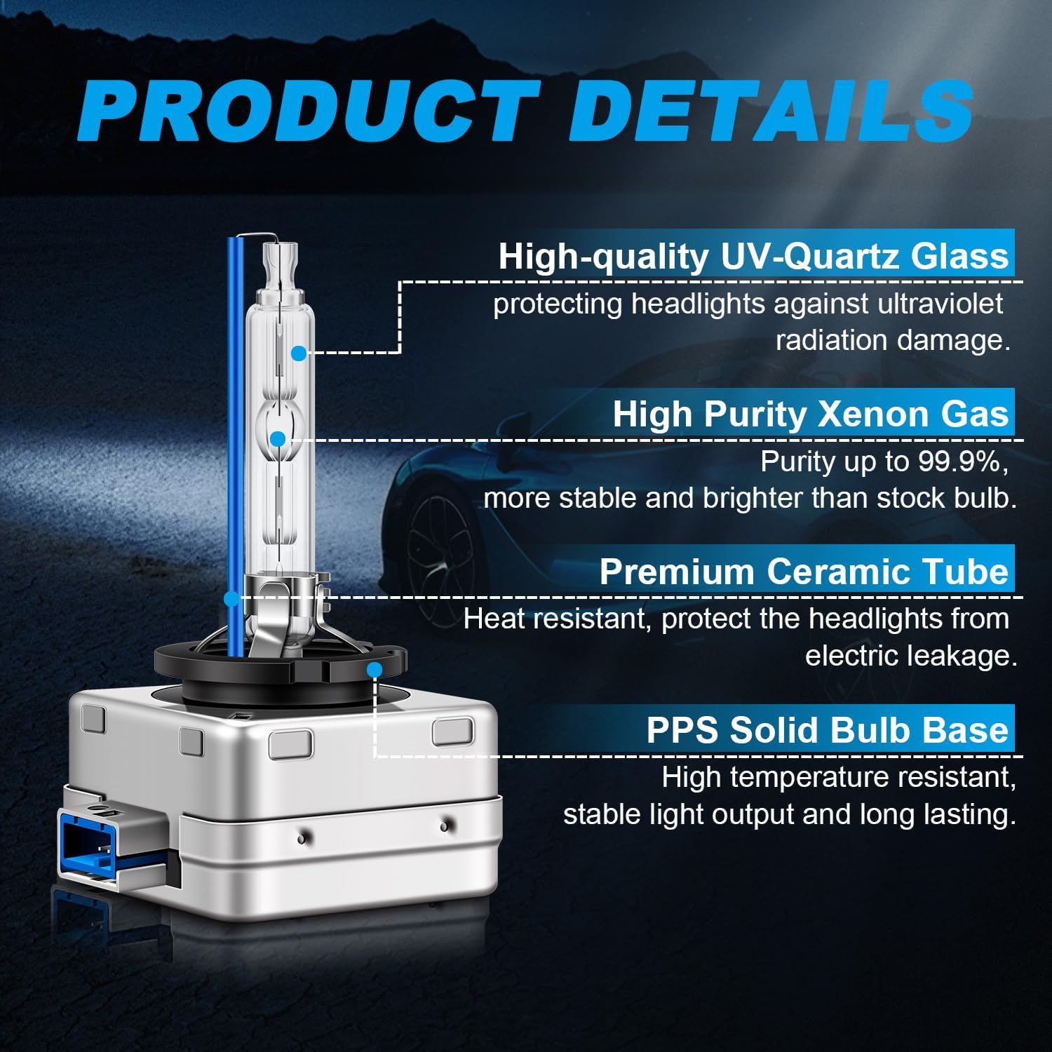 D8S Xenon HID Headlight Bulbs, 8000K 25W White Blue 66548 66549 High Low Beam Light Bulbs Replacement, Pack of 2