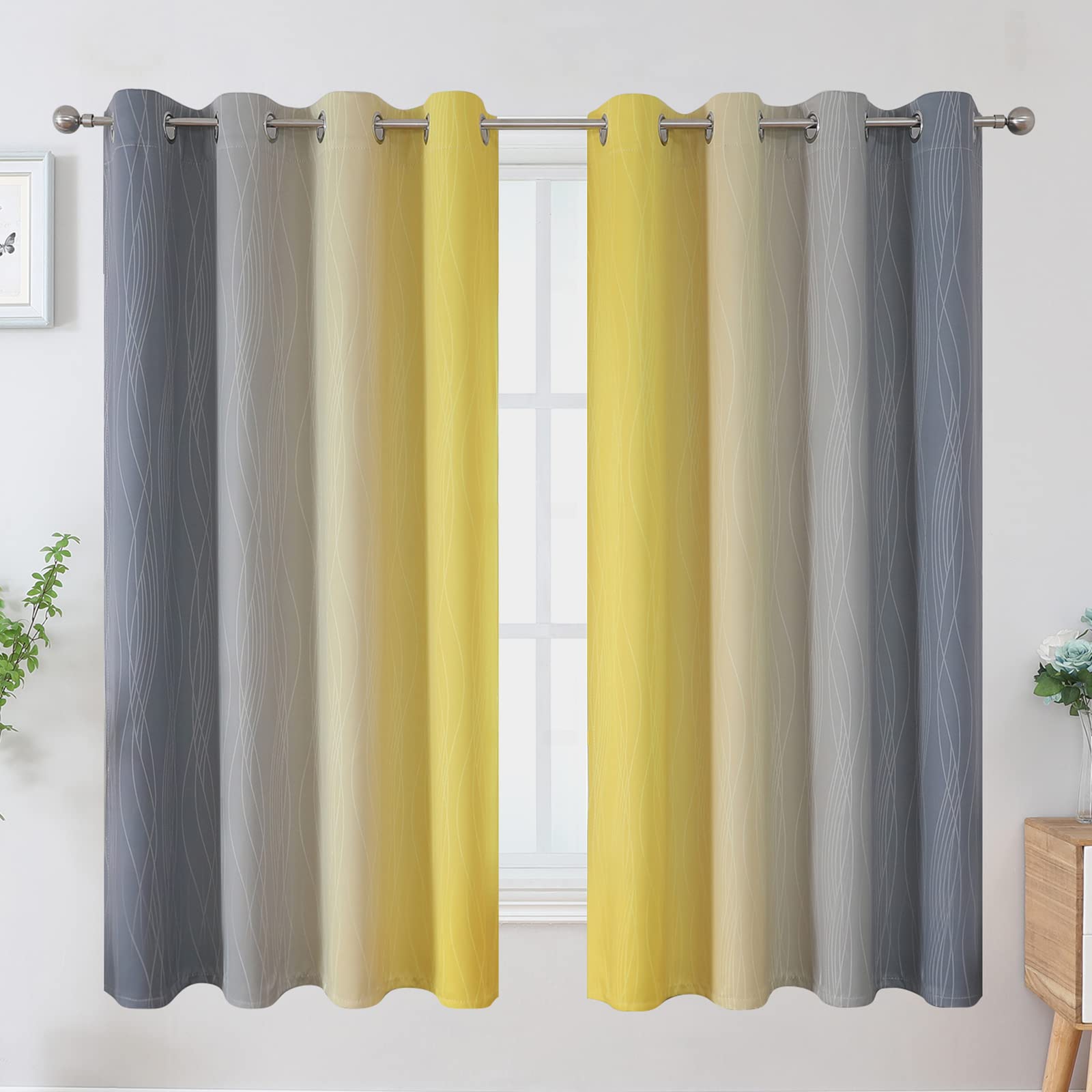 VEHEDE Thermal Insulated Noise Reducing Ombre Blackout Curtains 63 Inch Drop for Kids Bedroom Stripe Wave Light Blocking Eyelet Drapes for Living Room W52 x L63 Inch - Image 2