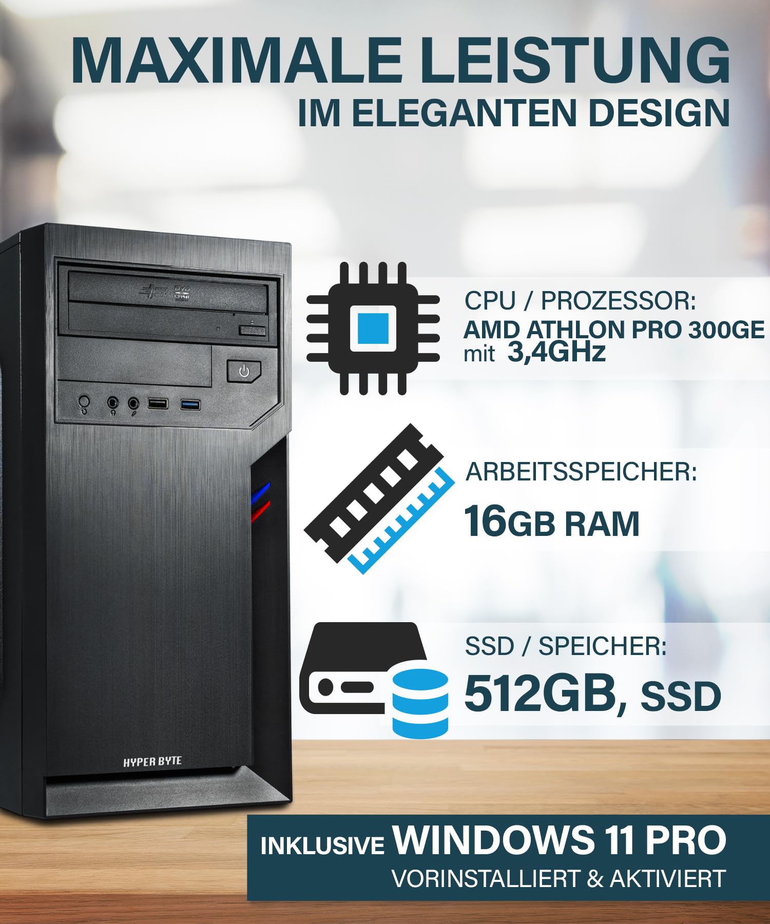 HYPER BYTE Office PC - AMD Athlon 3.4GHz 16GB 512GB SSD Win 11 Pro - Dettaglio