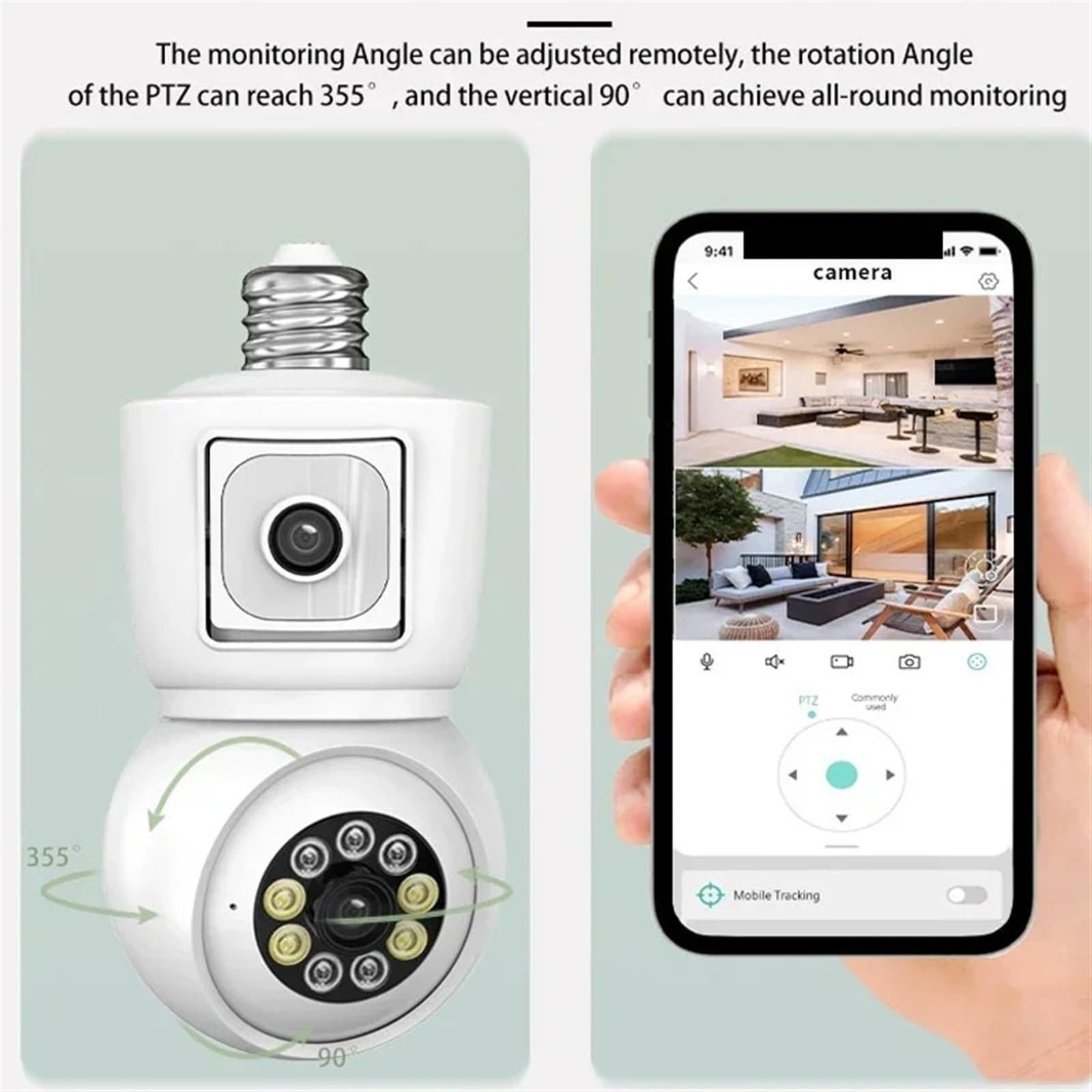 Telecamera Wifi Esterno, Telecamera 4K 8MP E27 Lampadina Doppia lente Doppio schermo Monitoraggio automatico Audio bidirezionale Visione notturna a colori Telecamera di sicurezza esterna ,Sicurezza, A