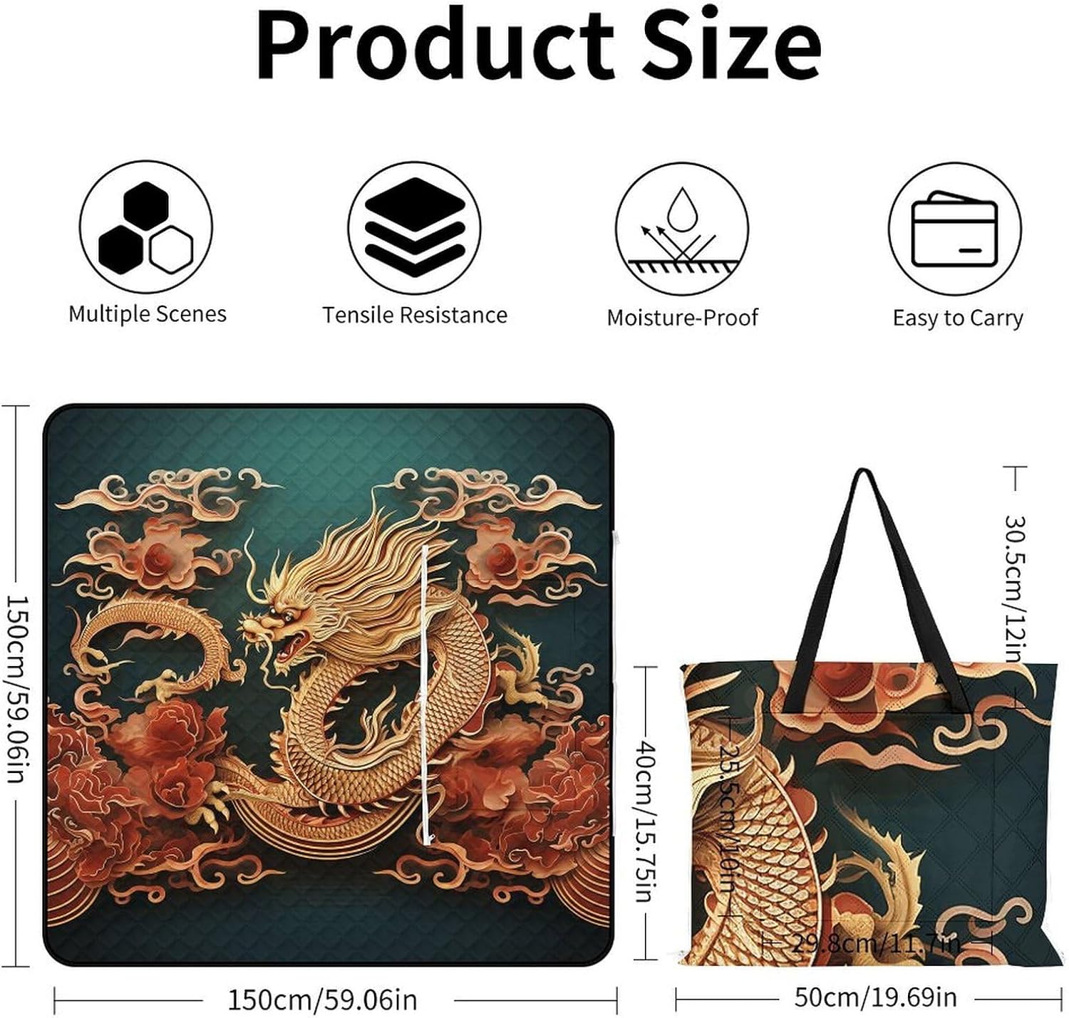 Dragon Chinese Background Picnic Blanket with Zipper Water Resistant Sand Free Picnic Mat Washable Foldable Easy Carry Beach Blanket for Lawn Beach Hiking Camping