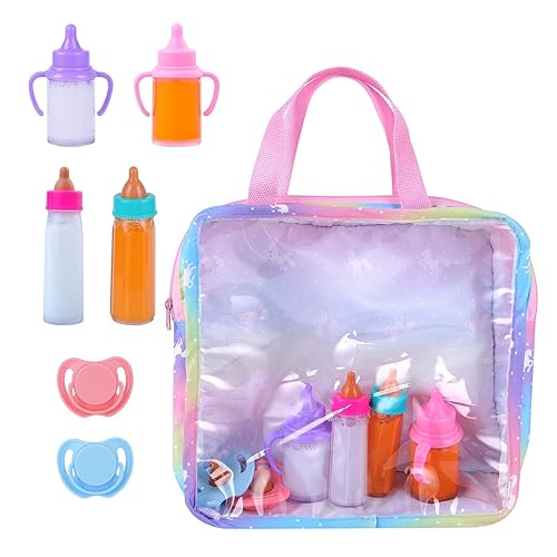BABESIDE Juego de 7 biberones para muñeca, botellas de leche y jugo que desaparecen con chupete de juguete y bolsa de almacenamiento, accesorios