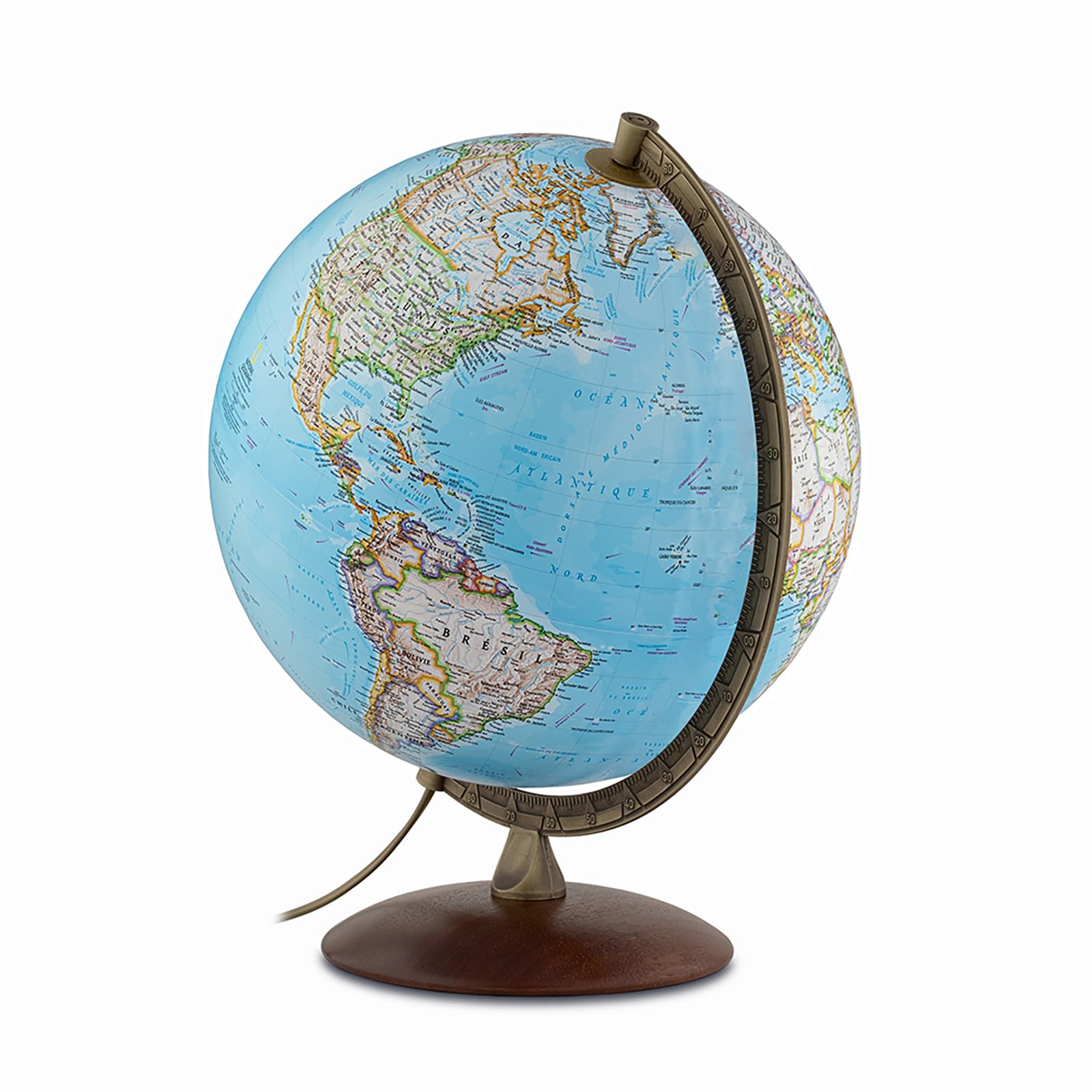 Globe terrestre National Geographic Edge Classic 30 cm lumineux cartographie physique politique socle bois méridien métal français