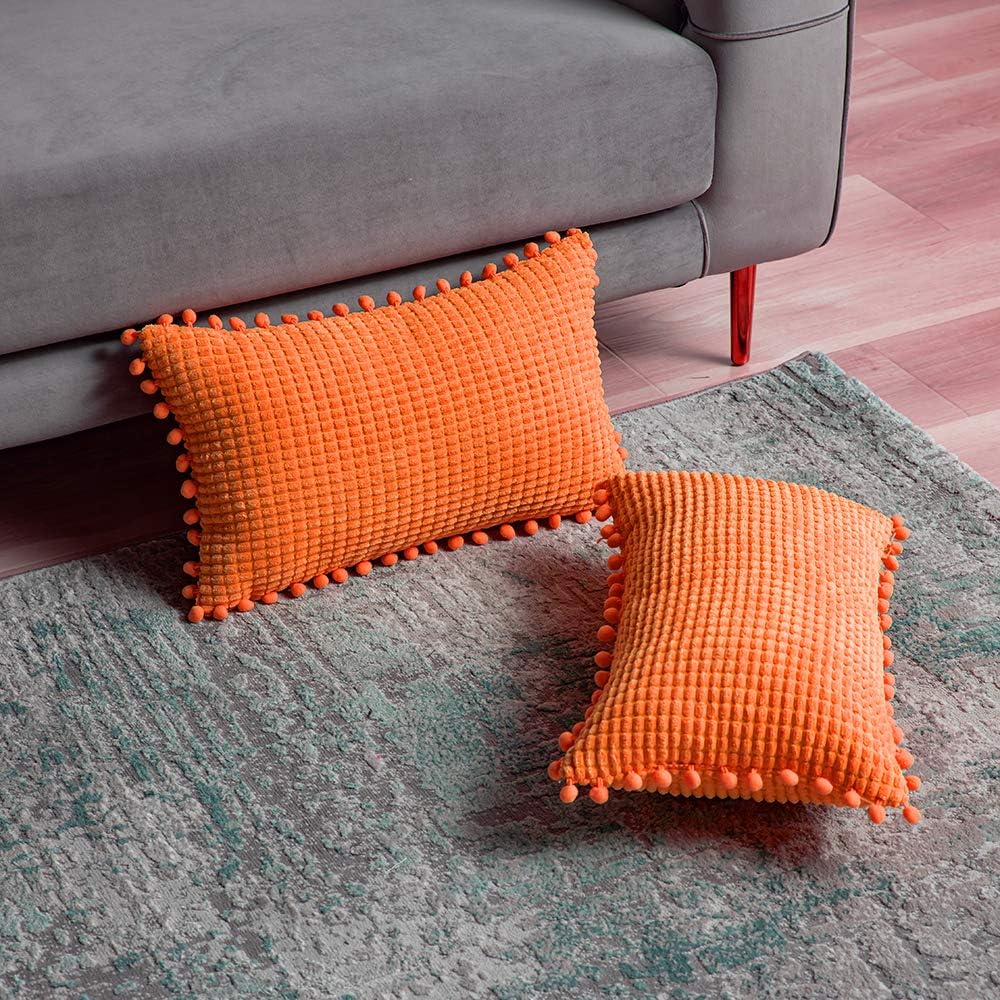 DEZENE 12x20 Inch Decorative Throw Pillow Covers - 2 Pack Soft Corduroy Corn Striped Pom-poms Corduroy Corn Striped Square Pillow Cases for Bedroom Sofa Couch Living Room, Orange