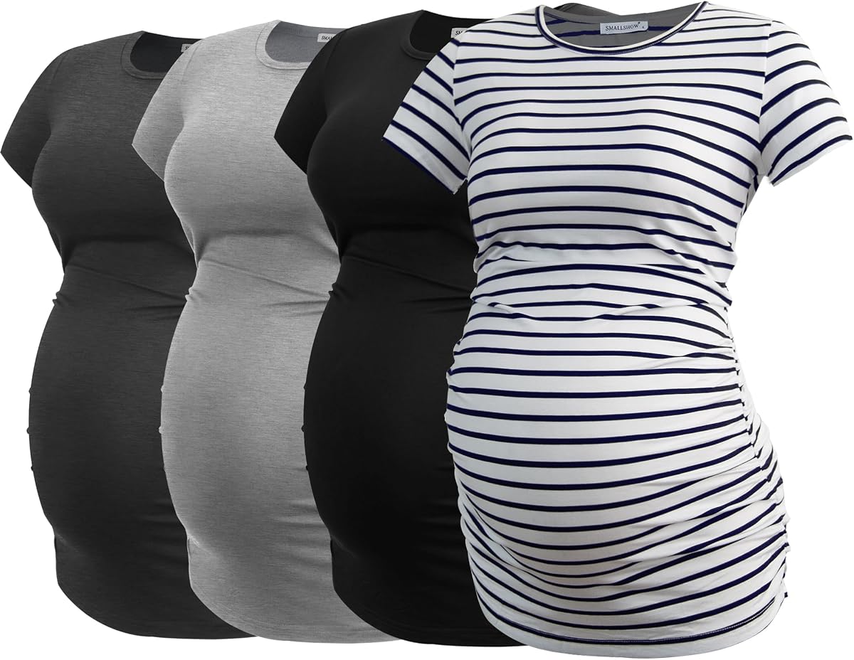 Smallshow Paquete de 4 camisas de maternidad para mujer, camisetas de embarazo de manga corta, ropa