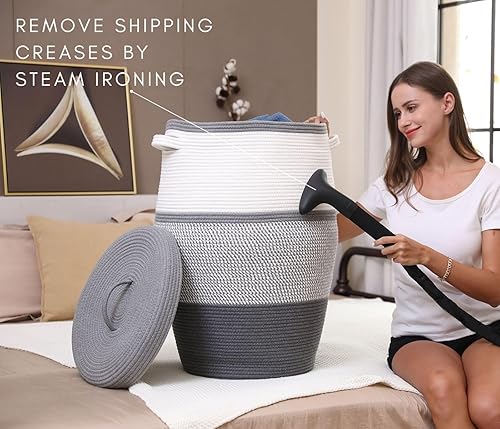 Miniatura 7 de Cesta alta de cuerda de algodón hecha a mano de 26 x 20 pulgadas con tapa, elegante forma de flagón con tapa, cesta de ropa con parte superior, para