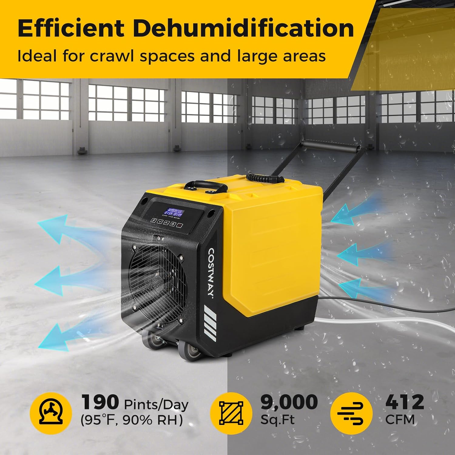 COSTWAY 190 PPD Commercial Dehumidifier with Pump, Rotational Molded Crawl Space Dehumidifier with 26Ft Drain Hose for Water Damage Restoration, Basement (Yellow)