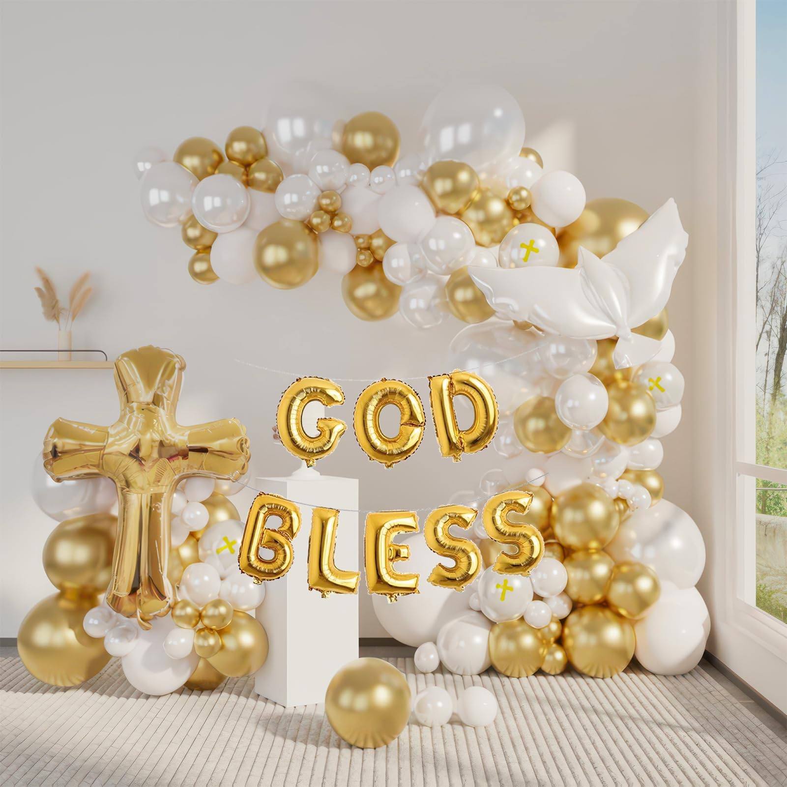 First Communion Decorations white and gold Balloon Garland Arch Kit white gold pearlescent white Balloons with Cross Balloon for God Bless foil