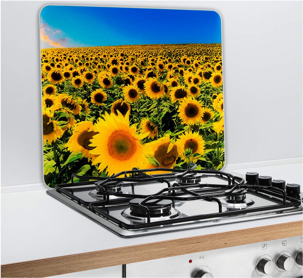 WENKO Multi-Platte Sonnenblumenfeld - für Glaskeramik Kochfelder, Schneidbrett, Gehärtetes Glas, 56 x 0.5 x 50 cm, Mehrfarbig