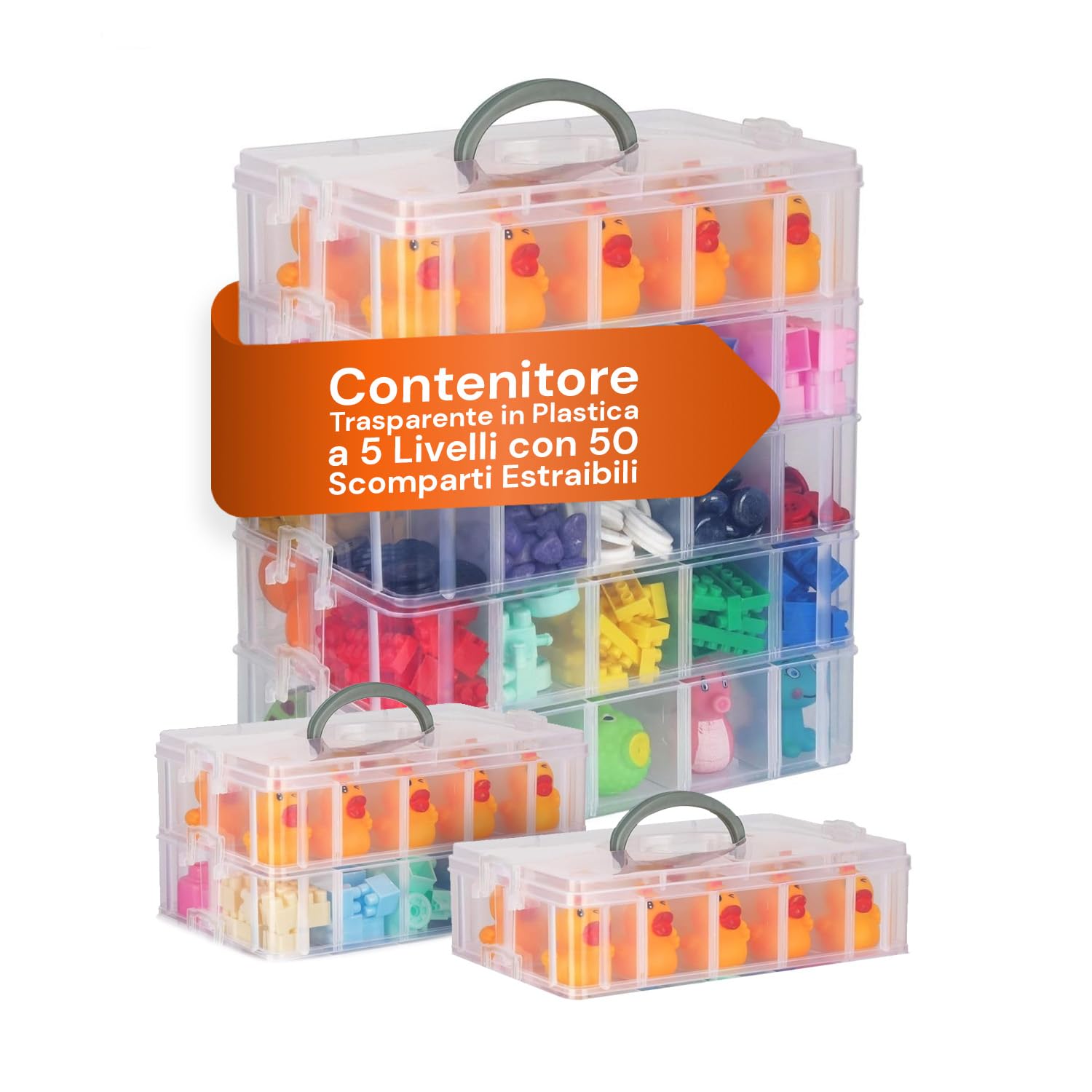 Avilia Organizer Trasparente a 5 Livelli con 50 Scomparti Estraibili - Contenitore Modulare Impilabile per Minuteria, Perline, Accessori Cucito e Make-up - Scatola Portaoggetti Salvaspazio