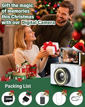 W&O Digital Photography Camera, 4K Camera with Ring Light, 180° Flip Screen Camera for Vlog with Beauty Mode, Beginner Point and Shoot Digital Camera with SD Card, 2 Batteries White