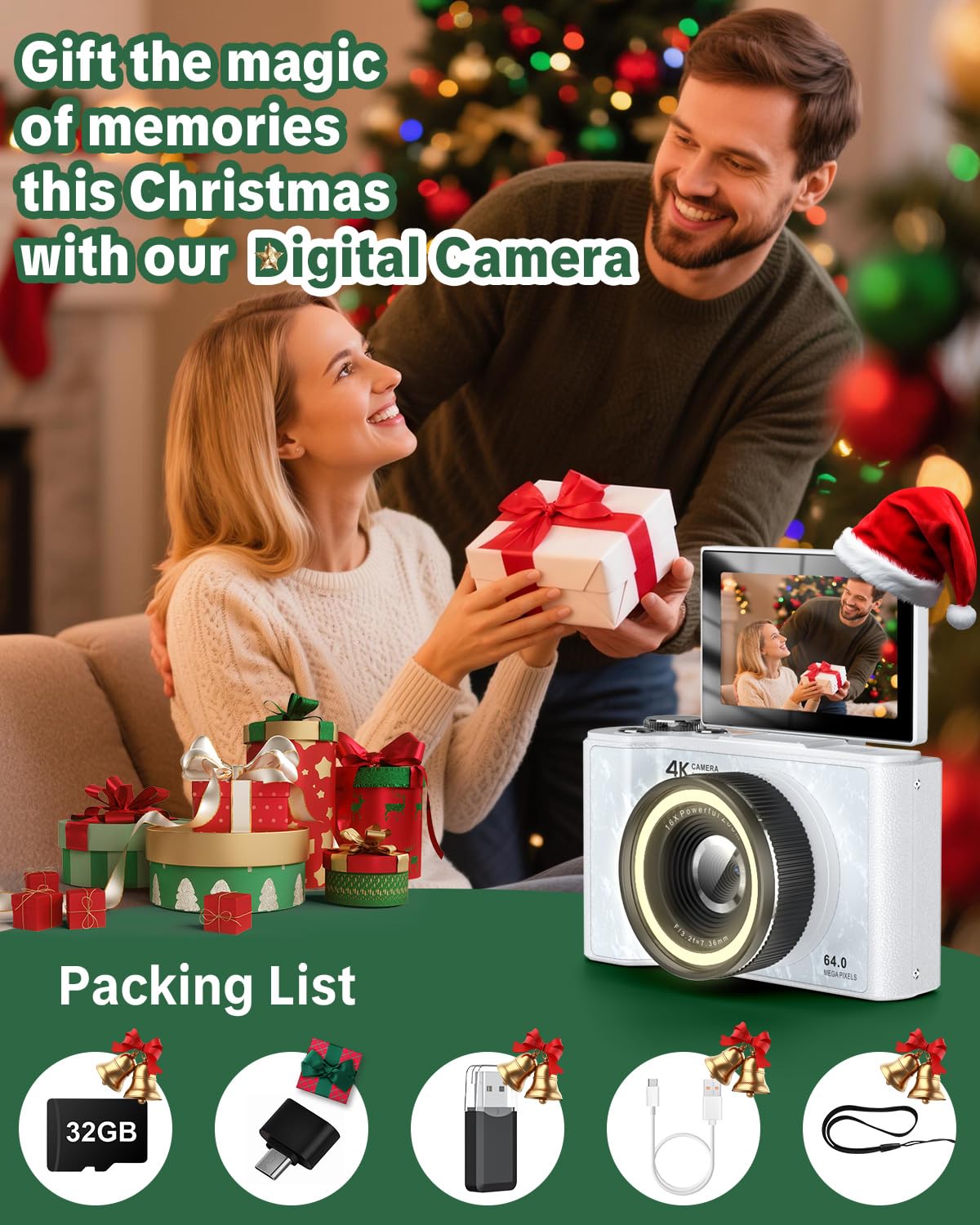W & O Cámara digital 4K para fotografía, cámara digital para niños con tarjeta de 32G, cámara de vlogging de pantalla abatible de 3 pulgadas con luz de relleno para YouTube, CCD Y2K, cámaras digitales