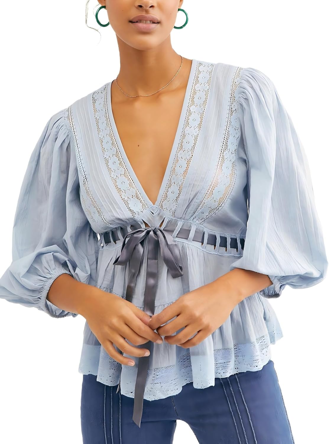 Women Lace Tie Front Ruffle Boho Top Flowy Puff Sleeve Sheer V Neck Floral Embroidery Chiffon Blouse Mesh Layered Top