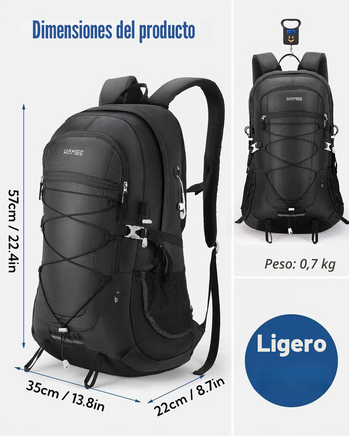 HOMIEE Mochila de Senderismo 45L Impermeable Ligera para Caminar Camping Trekking