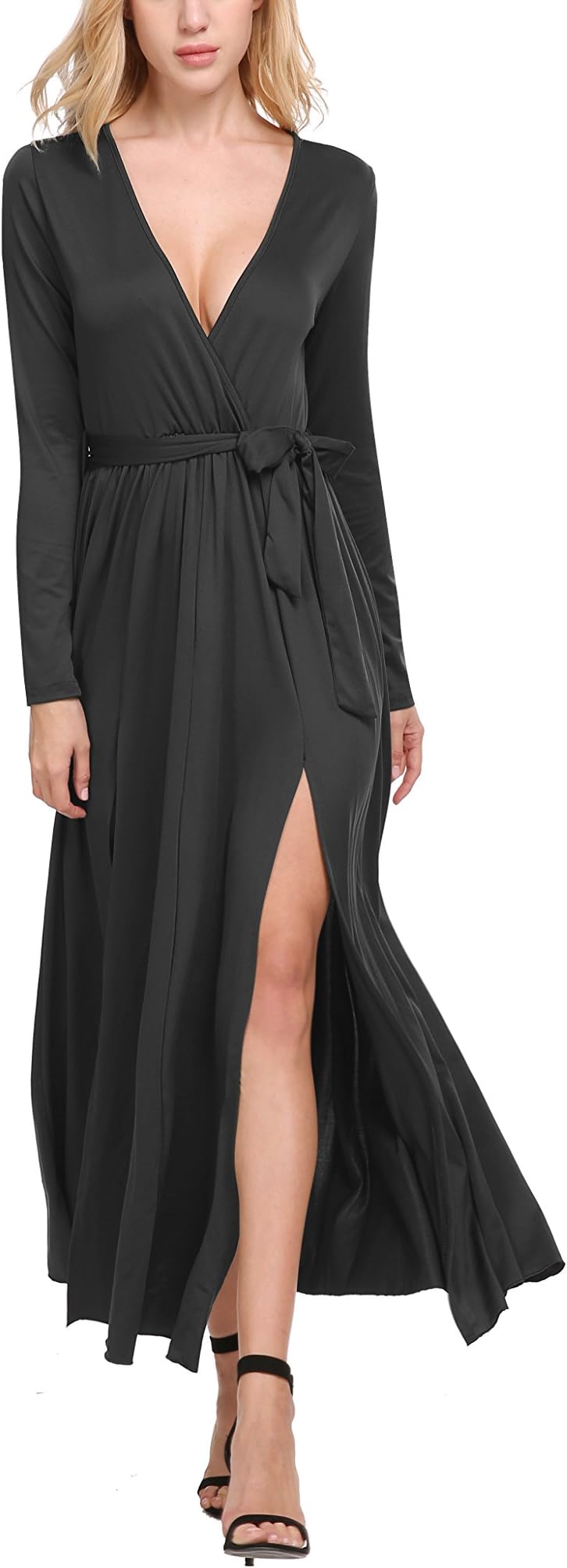 women's Deep V Neck High Front Slit Long Sleeve Dress (L, Black)