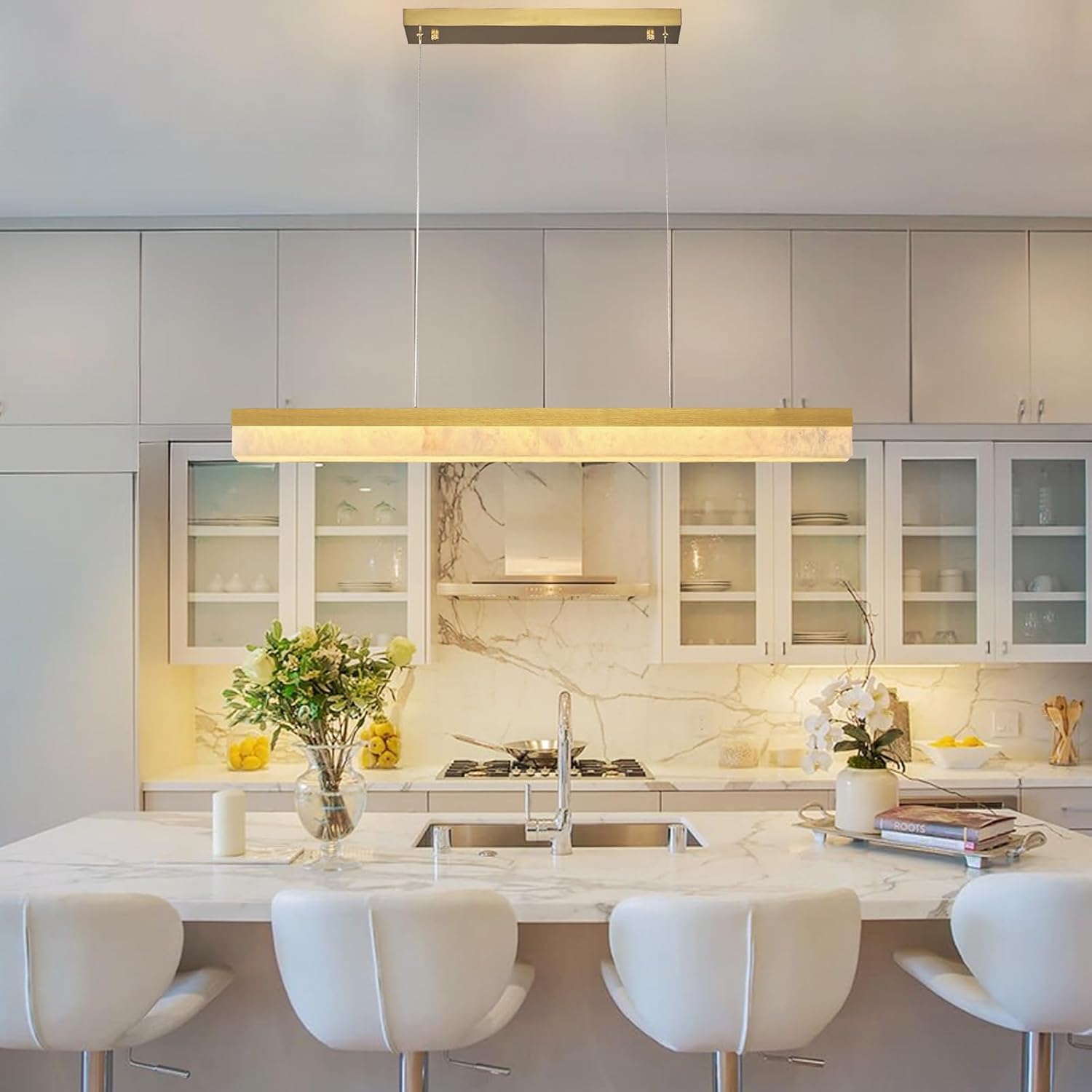 Rectangular Alabaster Chandelier, 47" Gold Linear Chandeliers for Dining Room, Modern Natural Spanish Marble Rectangle Chandelier for Kitchen Island, Living Room, Luxury LED Dimmable Light Fixture