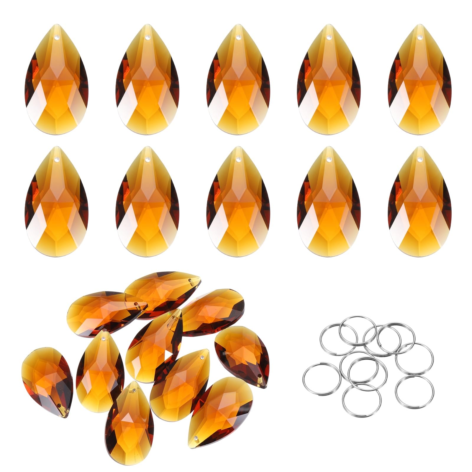 sourcing map 10Pcs Teardrop Crystal Beads, 38mm K9 Glass Hanging Chandelier Bead Prisms Part with 304 Stainless Steel Ring for Crystal Chandelier Lamp Pendant Jewelry, Amber Color