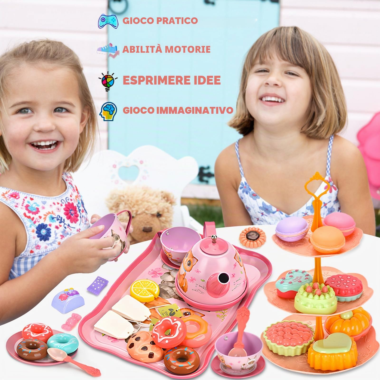 ZLPBAO Servizio da tè per bambini, 50 pezzi, set da tè per bambini, con valigetta per gattini, gioco di ruolo, giocattolo per piccoli servizi da tè con dessert, giochi di ruolo, regalo per ragazze 3