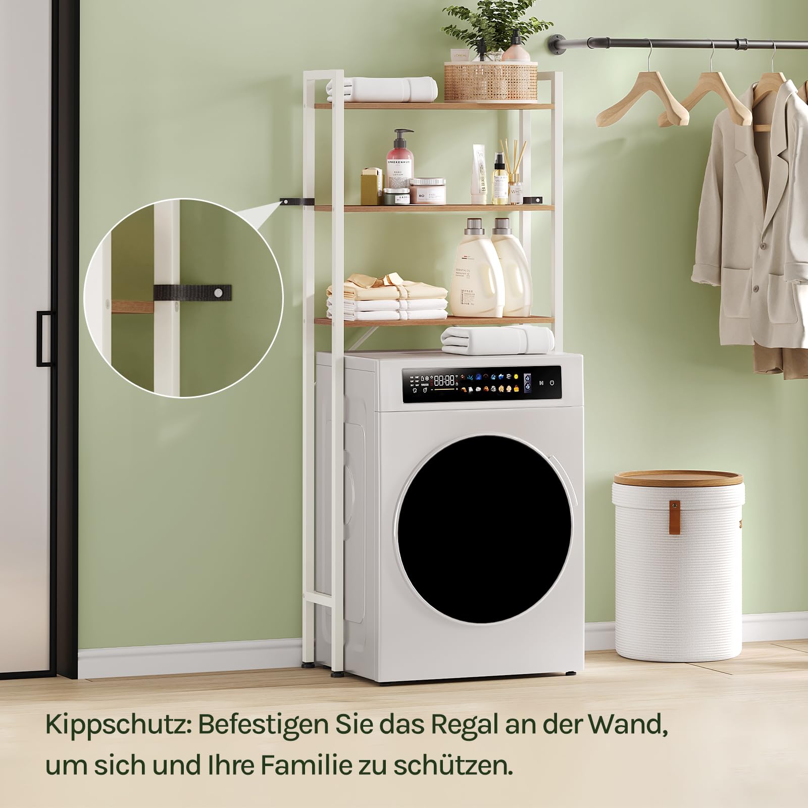 EUGAD Waschmaschinenregal mit 3 Ablagen, Toilettenregal Badezimmerregal Badregal WC-Regal, stehendes Regal über Toilette, modern, helle Eiche + Weiß, B67 x H164 x T20 cm