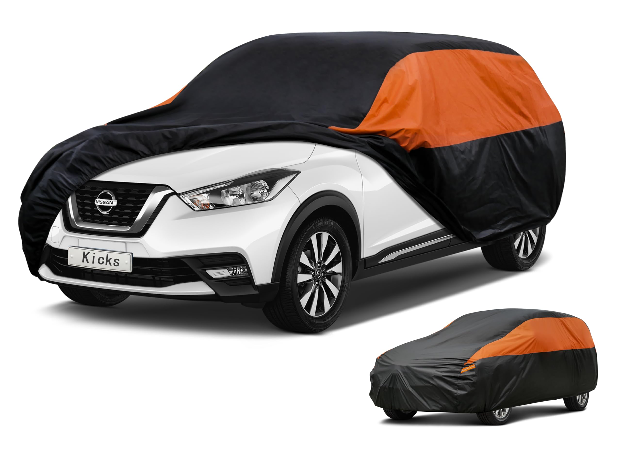 GUNHYI Waterproof Lightweight SUV Full Car Cover Custom Fit Nissan Kicks | All‑weather Outdoor sun/rain/dust/snow/wind/UV protection, breathable tear‑resistant fabric, black‑orange design,storage bag