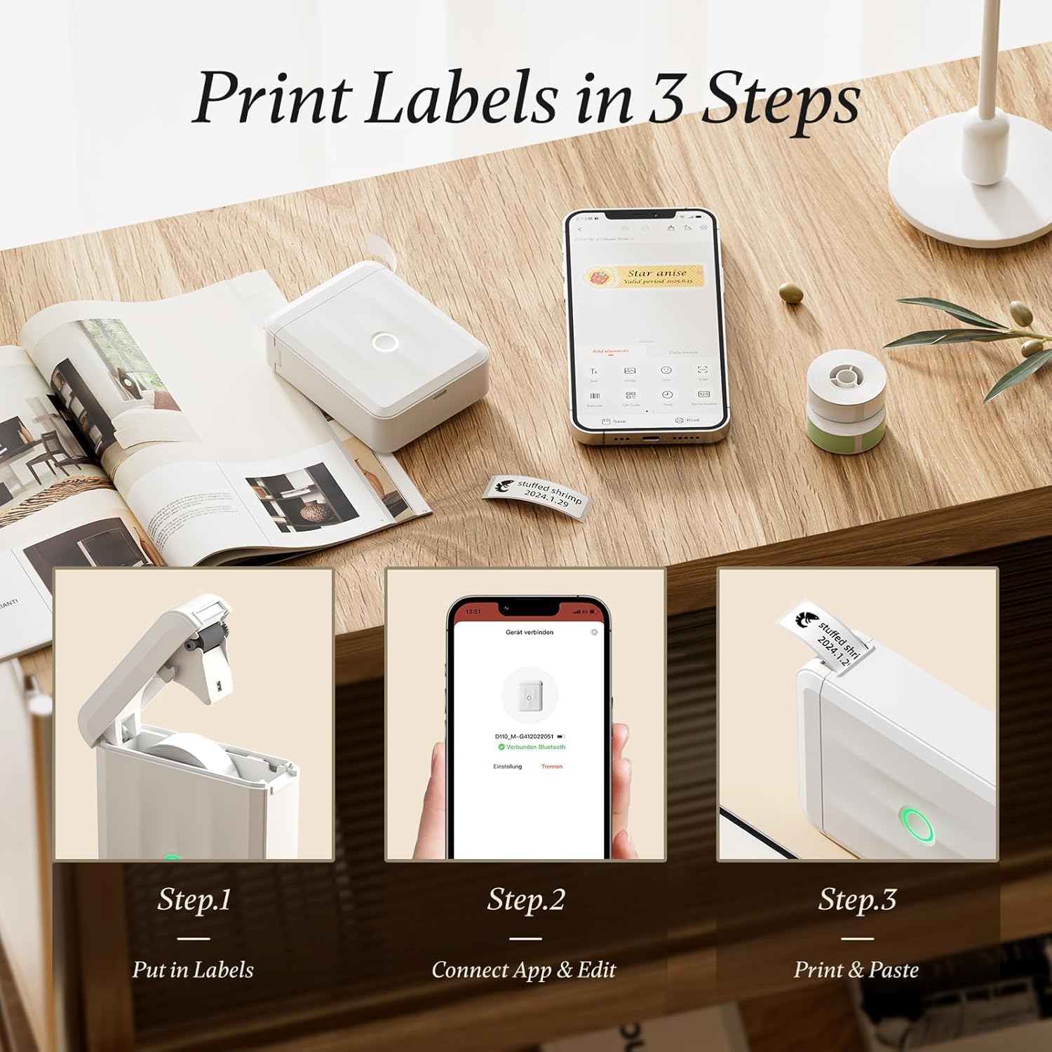 NIIMBOT D110 Mini Etichettatrice con 3 rotolo Etichette, Stampante di Etichette Bluetooth, App Versatile con 60+ Caratteri e Oltre 1000+ icone, per Organizzare Casa, Cucina, Scuola e Ufficio