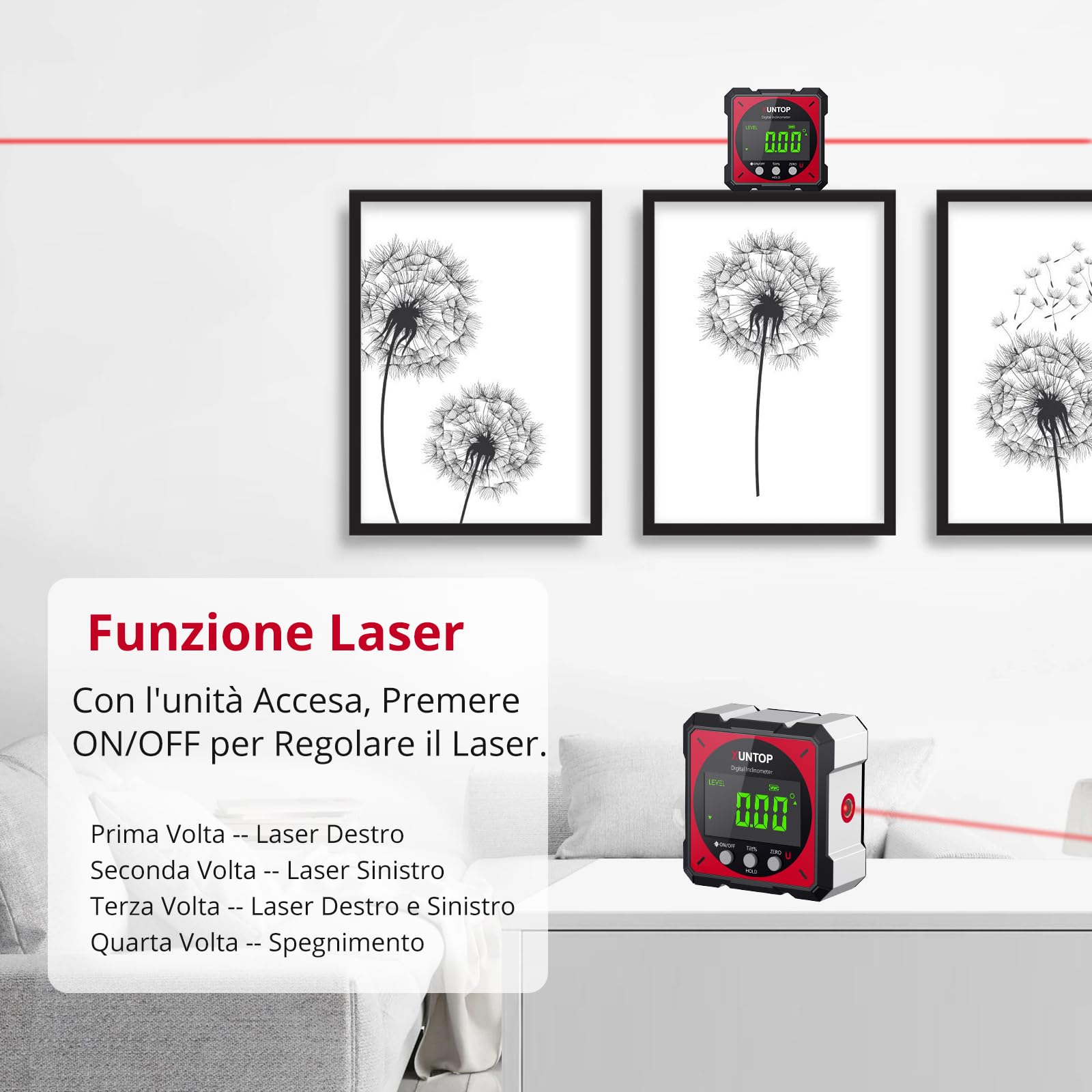XUNTOP LCD Level Box Digitale Ricaricabile con Laser Elettronico Angle Finder 4x90° con 4 Lati Magnetici con Cavo Type-C per Ricarica Inclinometro Livella Laser Impermeabile con Retroilluminazione