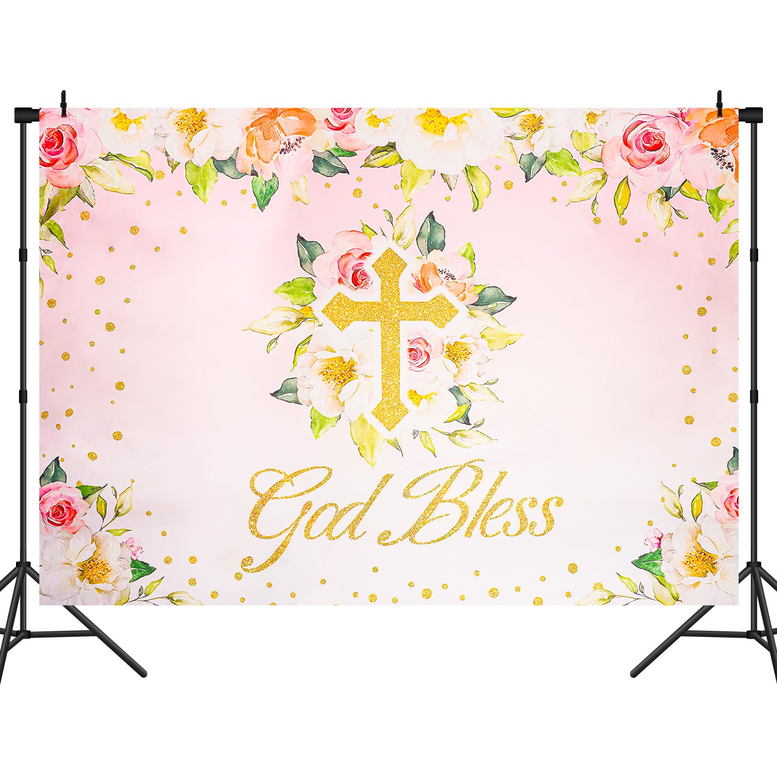 OSDUE God Bless Communion Backdrop, First Holy Communion Baptism Backdrop, Pink Flower Girl Baby Shower Background, Baby Shower Photography Background