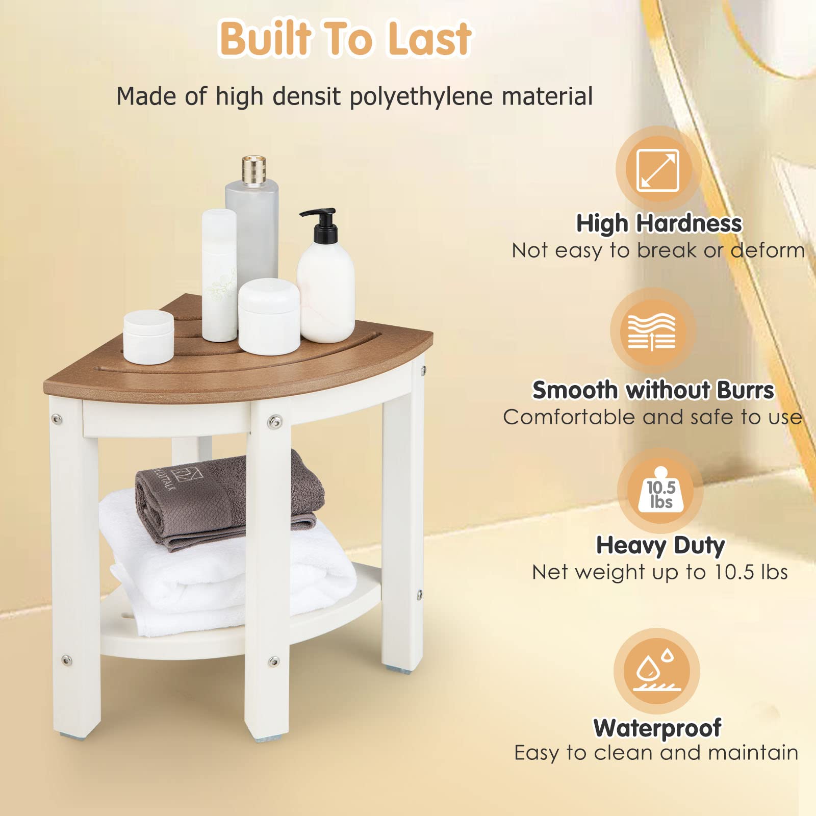 LIFEZEAL Tabouret de Salle de Bain à 2 Niveaux, Banc de Douche Solide en HDPE Jusqu’à 150 kg, Tabouret de Douche avec étagère de Rangement pour Adultes, Seniors, (Blanc+Café)