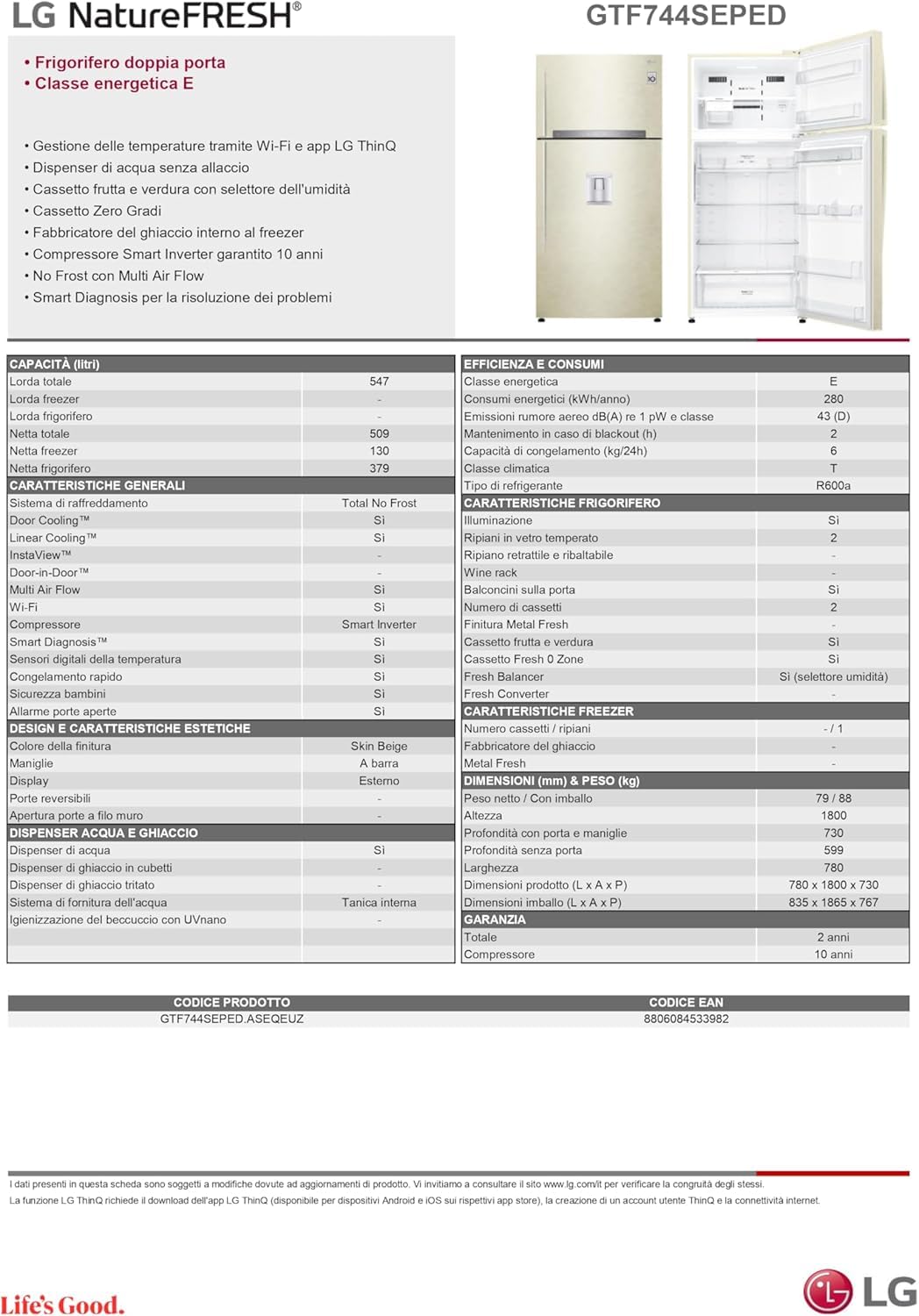 LG GTF744SEPED Frigorifero Doppia Porta, Classe E, 509l, Wi-fi, Door Cooling, Gestione Umidità, Dispenser Acqua, Cassetto 0 Gradi, Fabbricatore Del Ghiaccio, Compressore Smart Inverter Sabbia