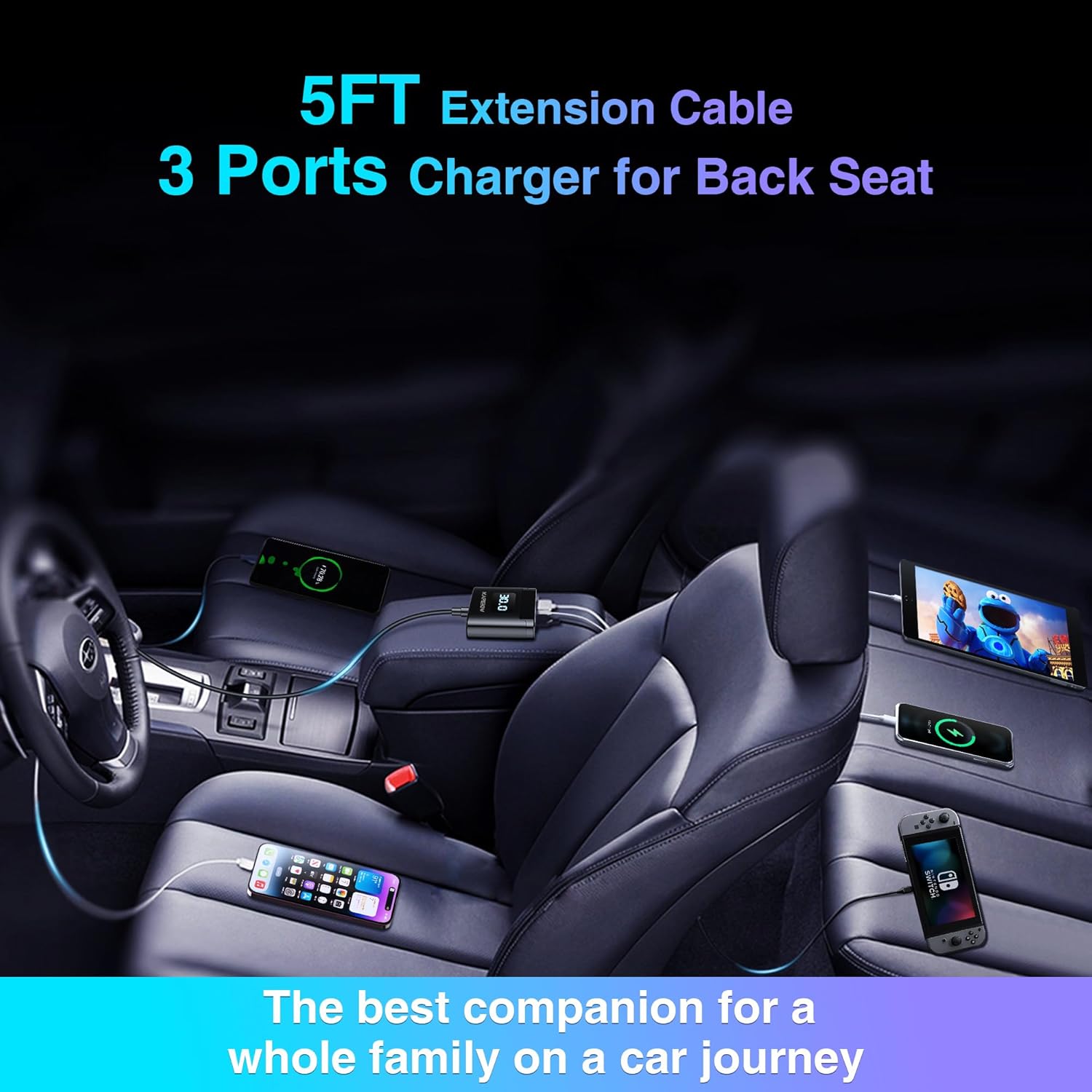 kapebow 78W Fast Charging USB C Car Charger, 5 Port Car Phone Charger with Voltage Display, 5FT Extention PD&QC 3.0 Type C Car Charger for Back Seat for iPhone iPad Samsung Pixel Phones - Image 3