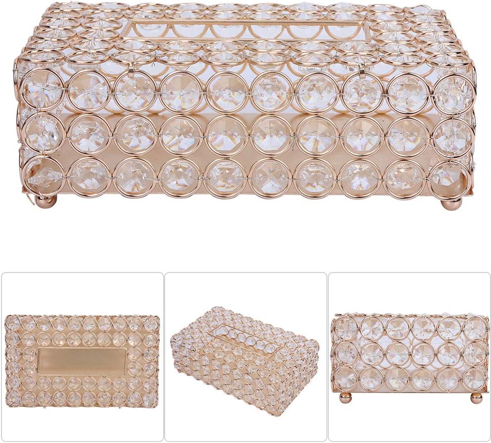 Crystal Tissue Box Cover Rectangular Decorative Tissue Holder Napkins Holder for Elegant Home Office Car Decor (Gold)
