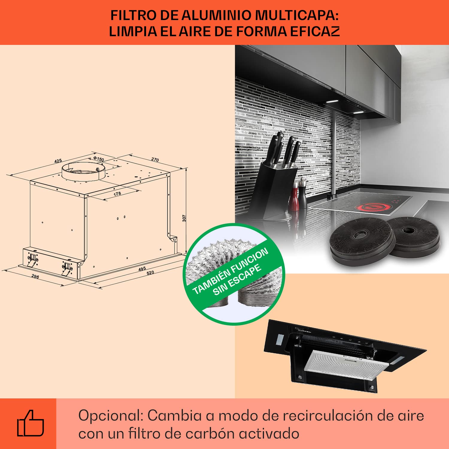 Klarstein HEKTOR SL campana extractora, campana integrable y de pared, 52 cm de ancho, modo recirculación, extracción hasta 467 m³/h, filtro de aluminio, convertible a recirculación, negro