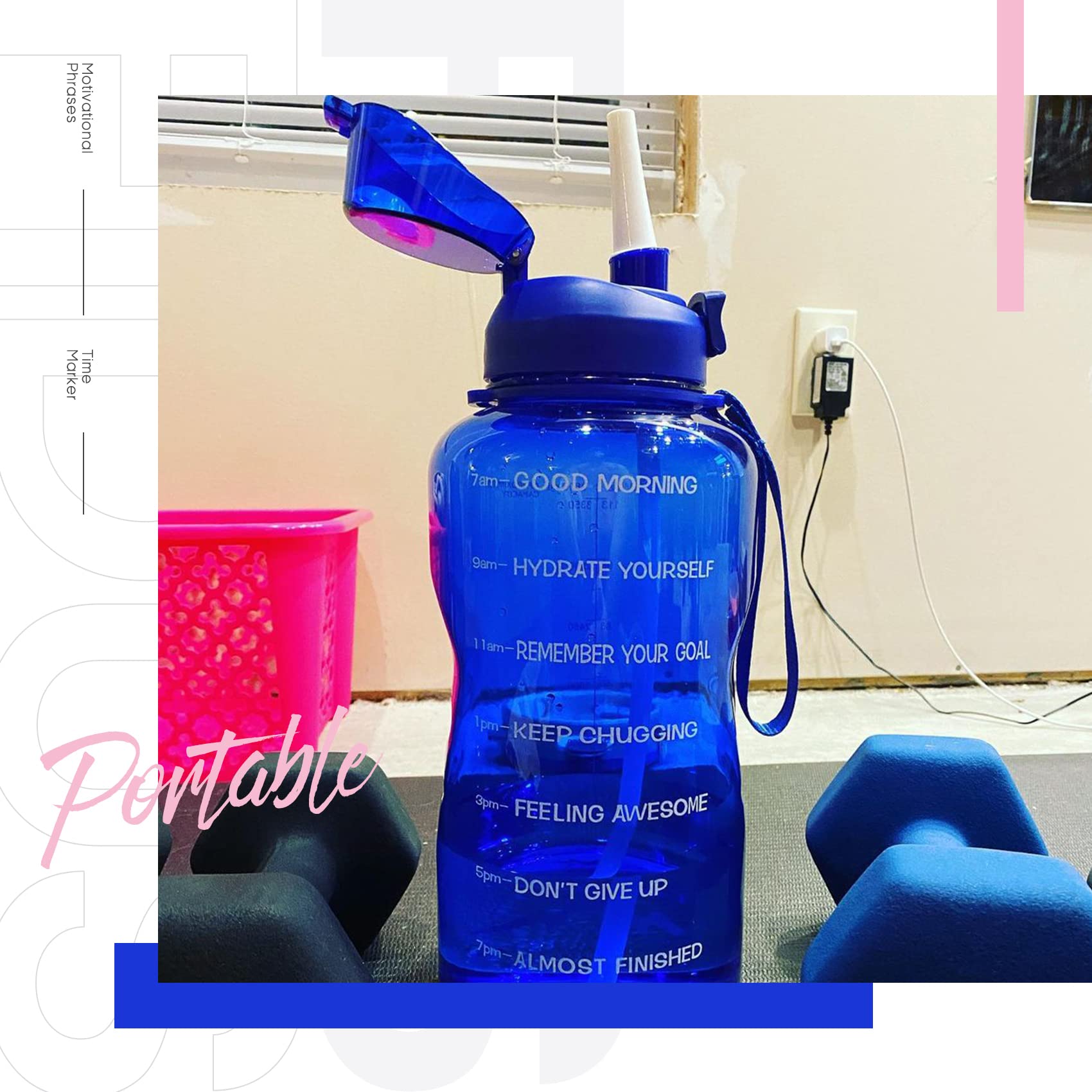Fidus Large Half Gallon/64oz Motivational Water Bottle with Time Marker