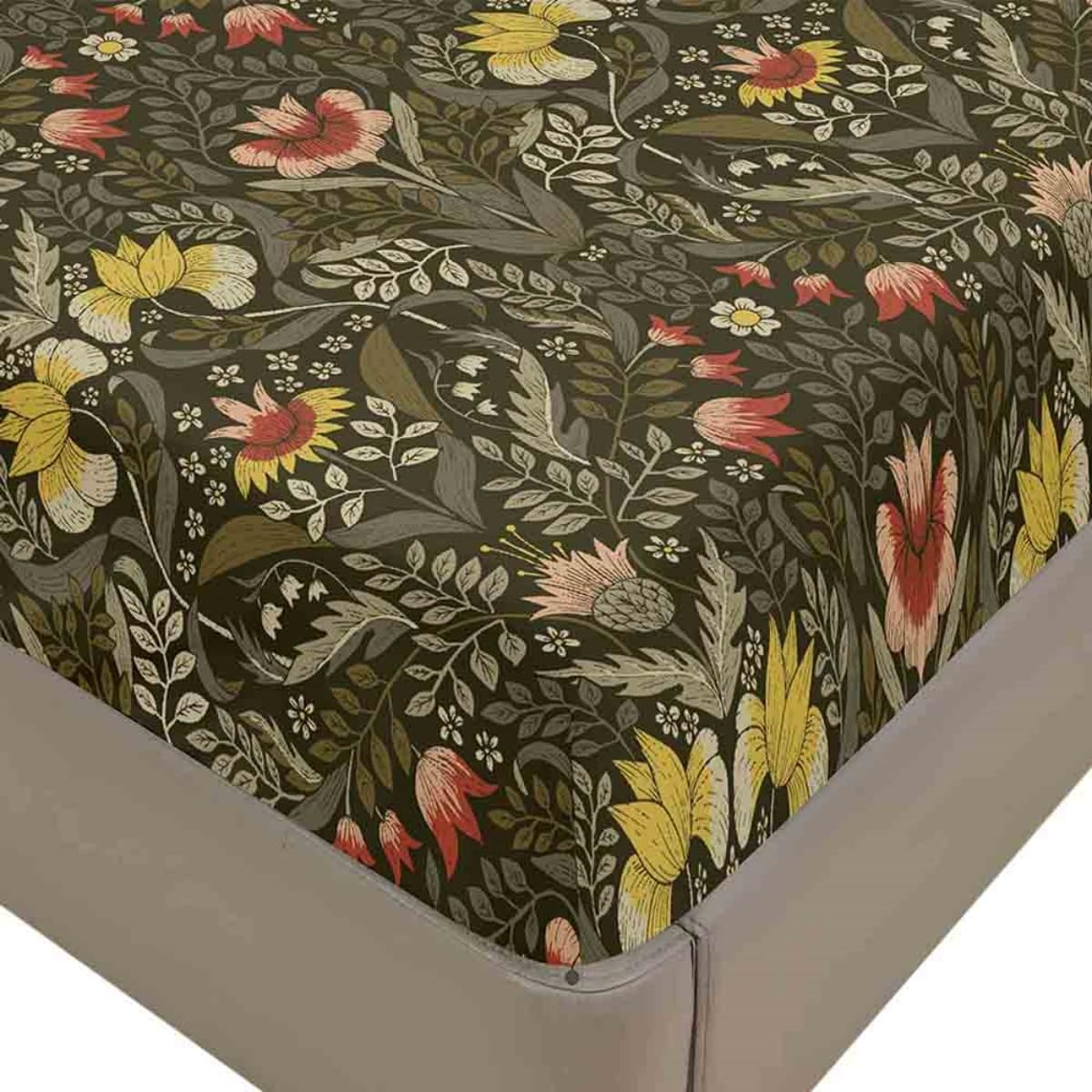 Mateju Vintage Floral Print Fitted Sheet for Single Double King Size Bed, Microfiber Fitted Bed Sheets Soft Breathable Fade Resistant, Deep Pocket 30cm, No Pillowcases (Olive Green,Small Double)