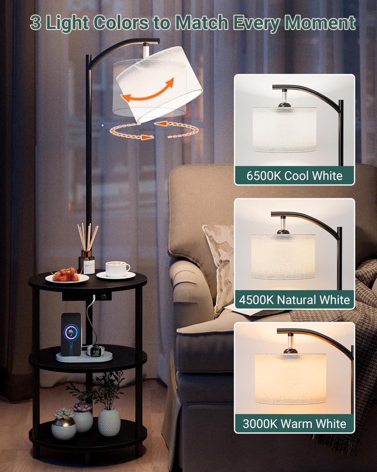 Round Side Table with Lamp and USB Ports, 3-Tier Small End Table for Living Room & Bedroom, Rustic Wood Metal Nightstand for Small Spaces, Easy to Assemble, Charcoal Wenge
