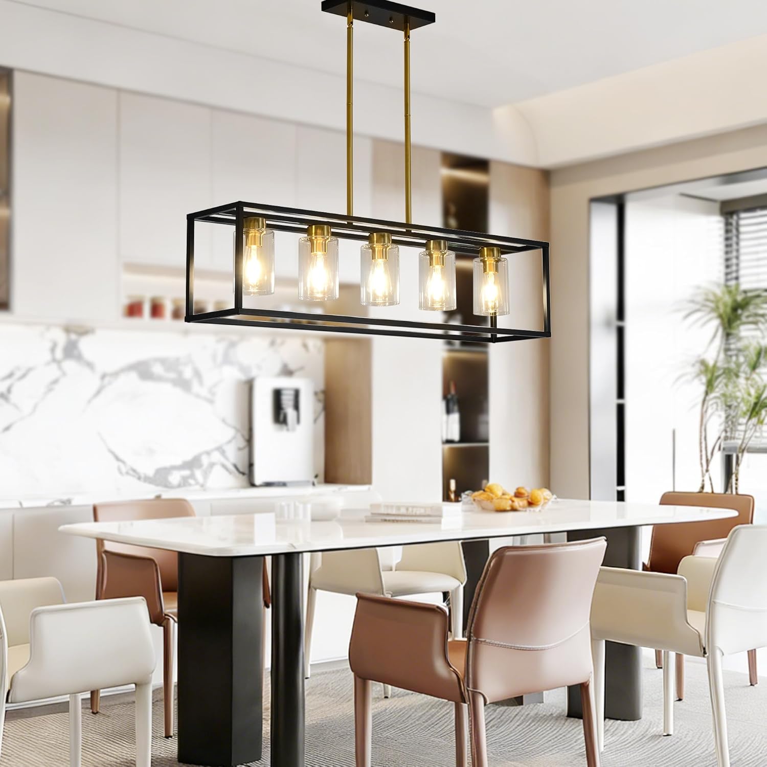 XILICON Brushed Brass+Black l Dining Room Chandeliers Lighting Fixture Linear Pendant Modern 5-Light with Glass Shades Vintage Farmhouse Ceiling Light Hanging for Kitchen Island Cafe Bar