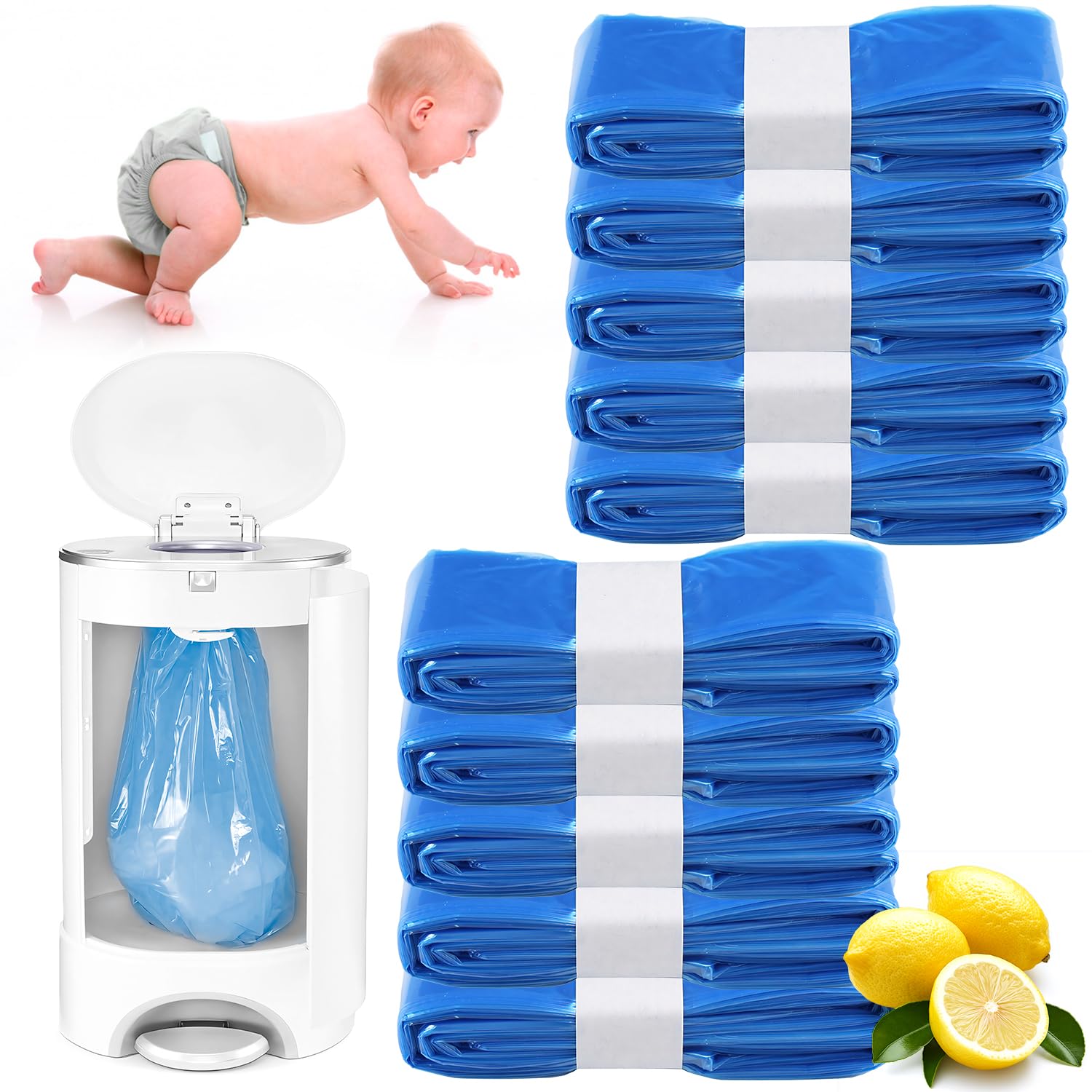Diaper Pail Refill Bags,10 Pack Lemon Scent for Genie Diaper Bags Refill, 100% Lock Odor and Seal Diaper Pail Refills, Fully Compatible with Diaper Genie and with Munchkin