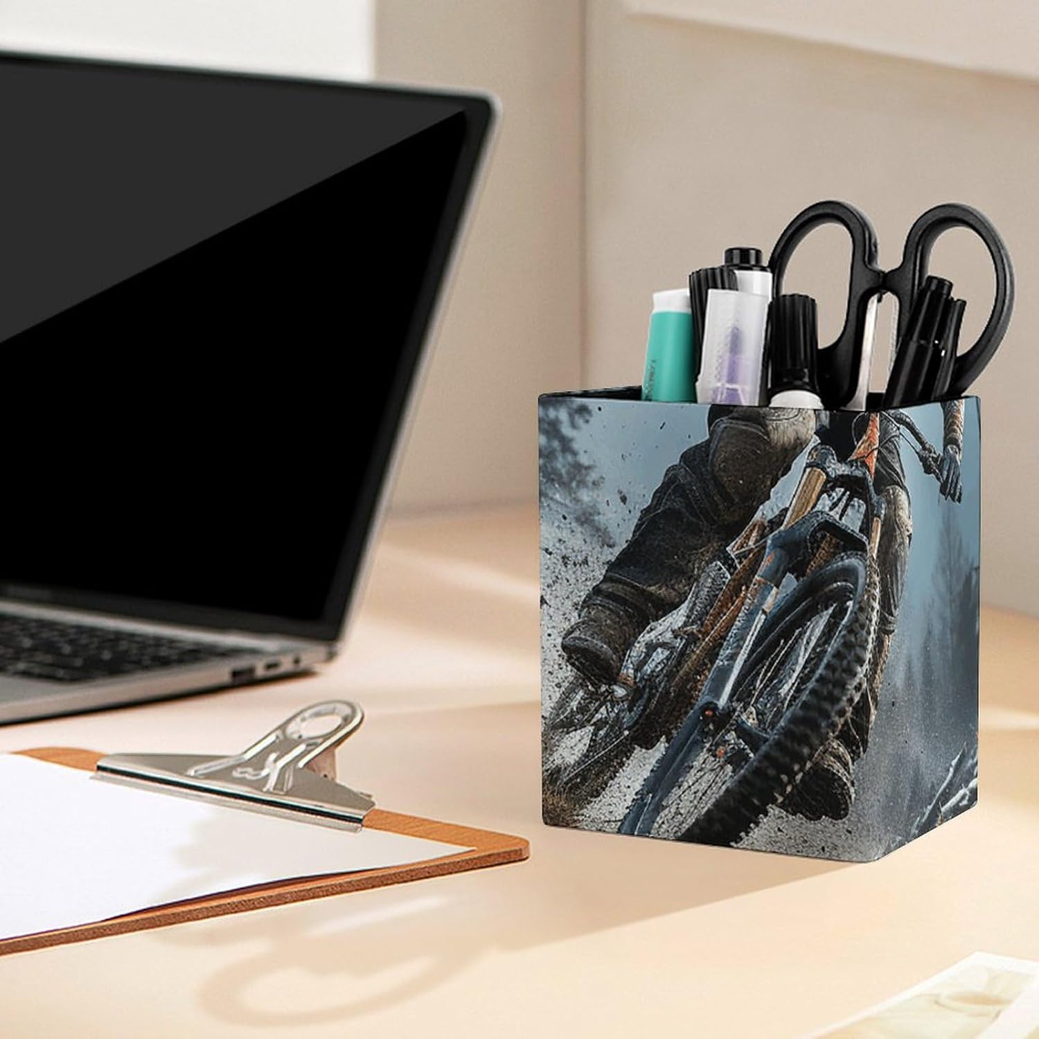 Mountain Bike Tournament Leather Pen Holder Desk, Pencil Cup Makeup Brush Holder Desktop Organizer Storage Case Stationery for Home Office Supplies image 5