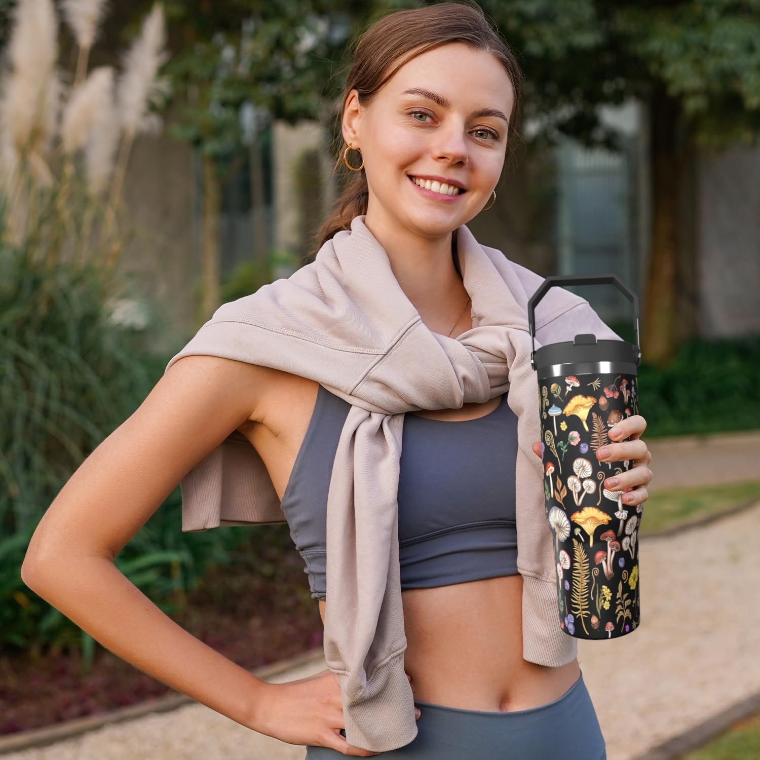 Mushroom Tumbler with Top Handle Lid and Straw Insulated Water Bottle with Travel Mug for Cars Cup Coffe Mugs for Men Women Drink Hot and Cold (Fern, 30oz) - Image 5