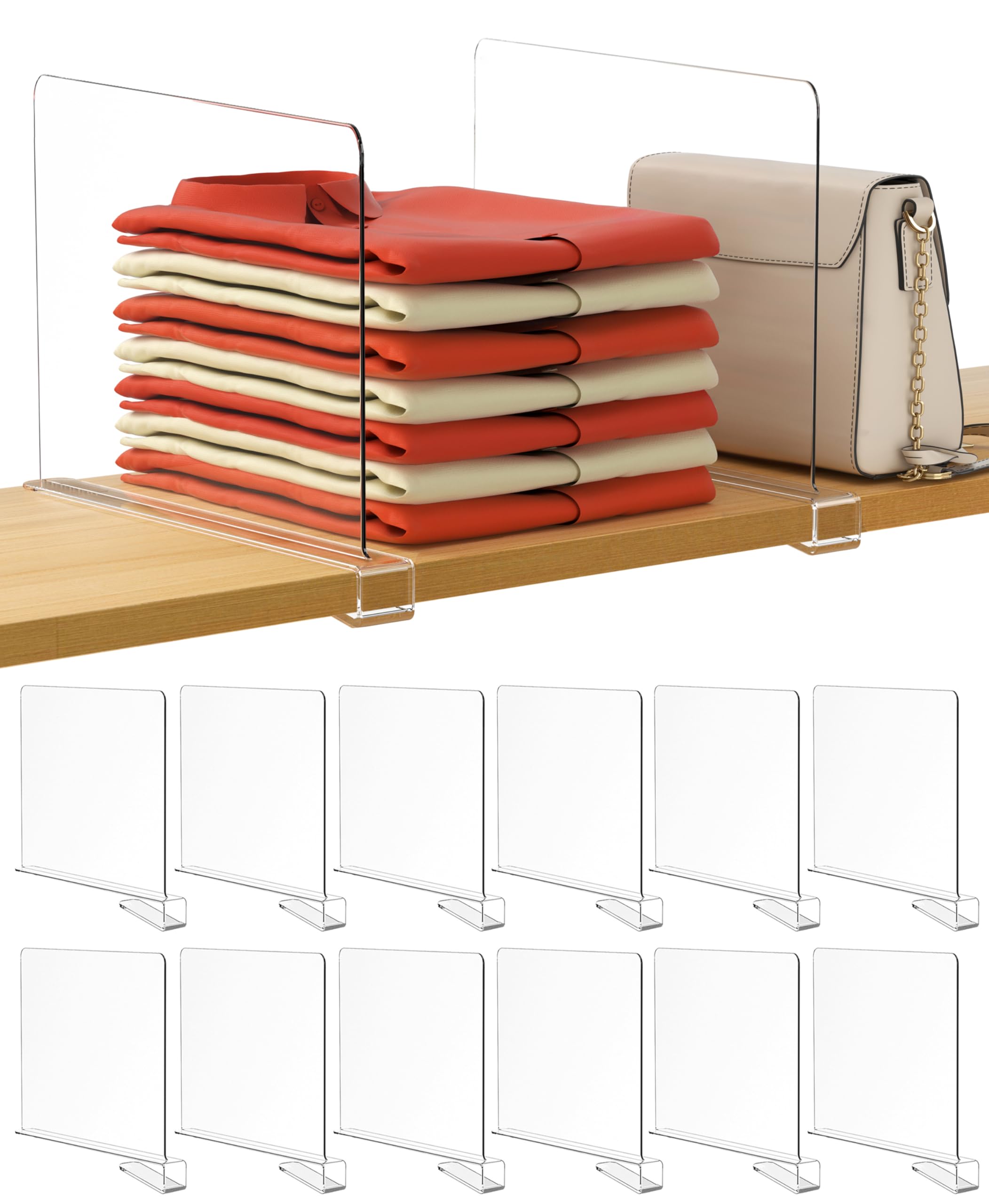 HBlife 12 Inches Tall [Extra Tall Version] Clear Shelf Dividers, 12 Pack Purse Organizer for Closet Perfect for Sweater, Shirts, Handbags, Acrylic Adjustable Bookshelf for Organization