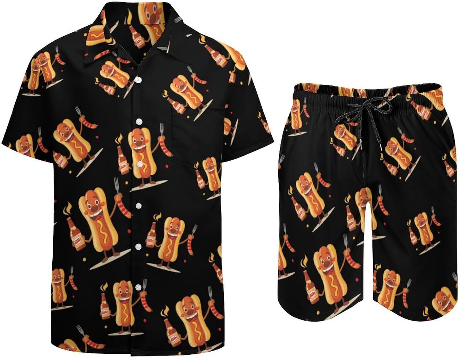 Funny Hot Dog Men's Summer Beach Outfits Shirt And Shorts Set 2 Piece Vacation Swimwear