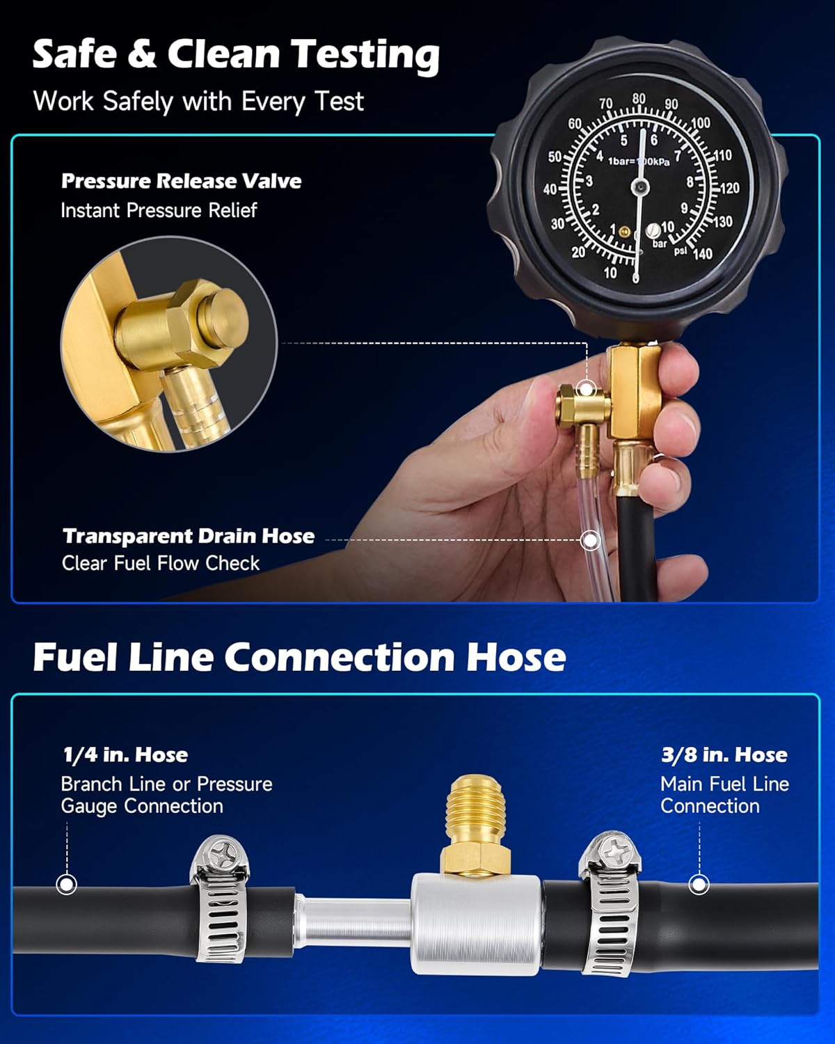 Orion Motor Tech Fuel Pressure Test Kit, Fuel Pressure Tester with 0-140 psi Fuel Pressure Gauge Hoses Adapters, Heavy-Duty Fuel Pressure Gauge Kit Gasoline Car Truck Motorcycle Diagnostic Tool