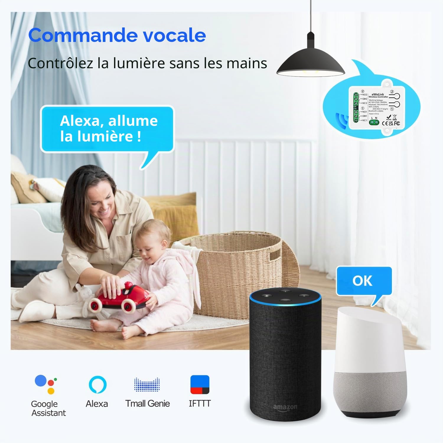 DieseRC Interrupteur Intelligent WIFI 2 canaux, AC 90V-250V 220V Sortie Passive Module Relais, Ewelink APP Contrôle WIFI compatible avec Alexa/Google Home, commutateur Inching/autobloquant