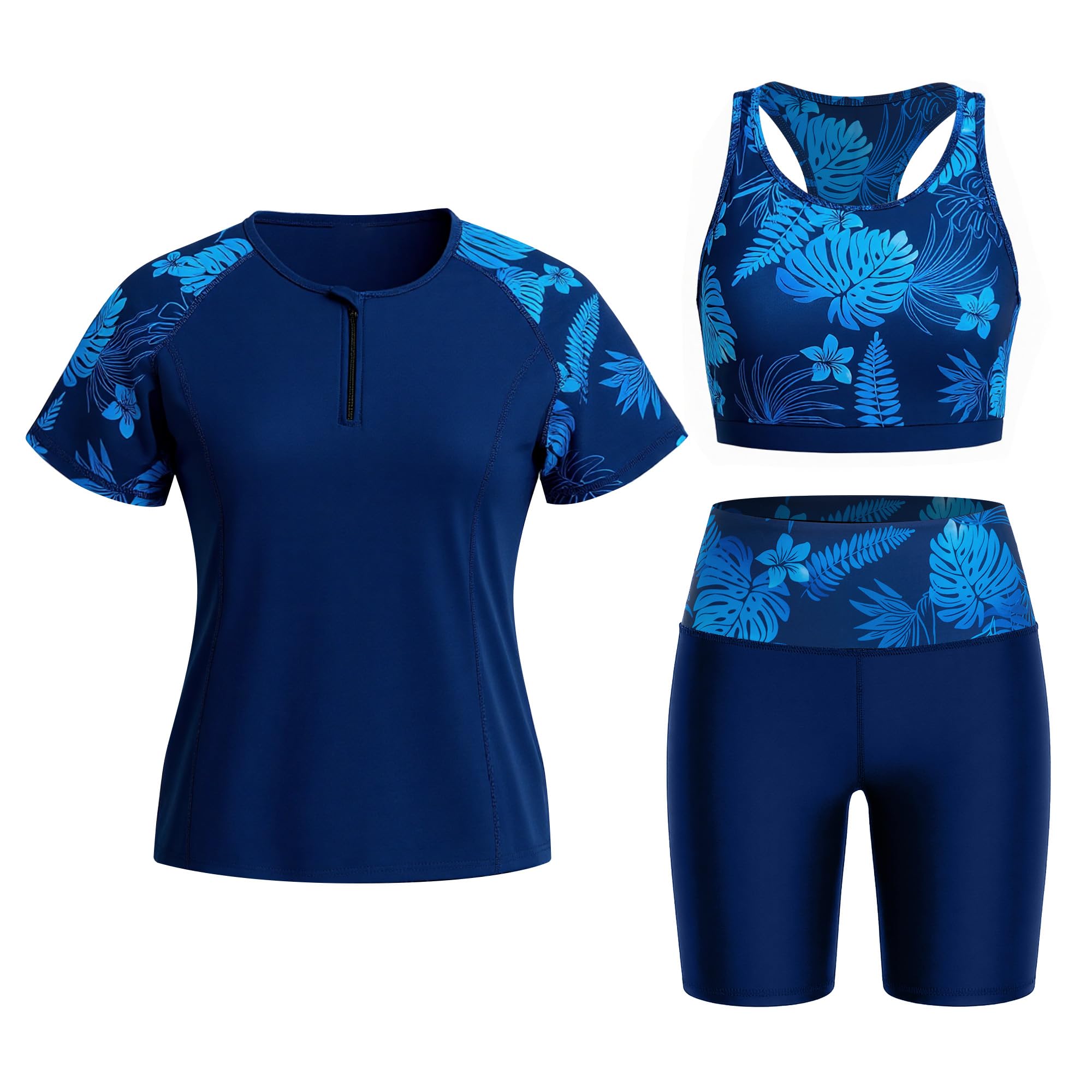 Owntop UV Rashguard Set Damen 3-teilig – Kurzarm Schwimmshirt mit Tanktop & Badehose, Schnelltrocknende Swimwear mit UV Schutz für Strand Schwimmen Wassersport