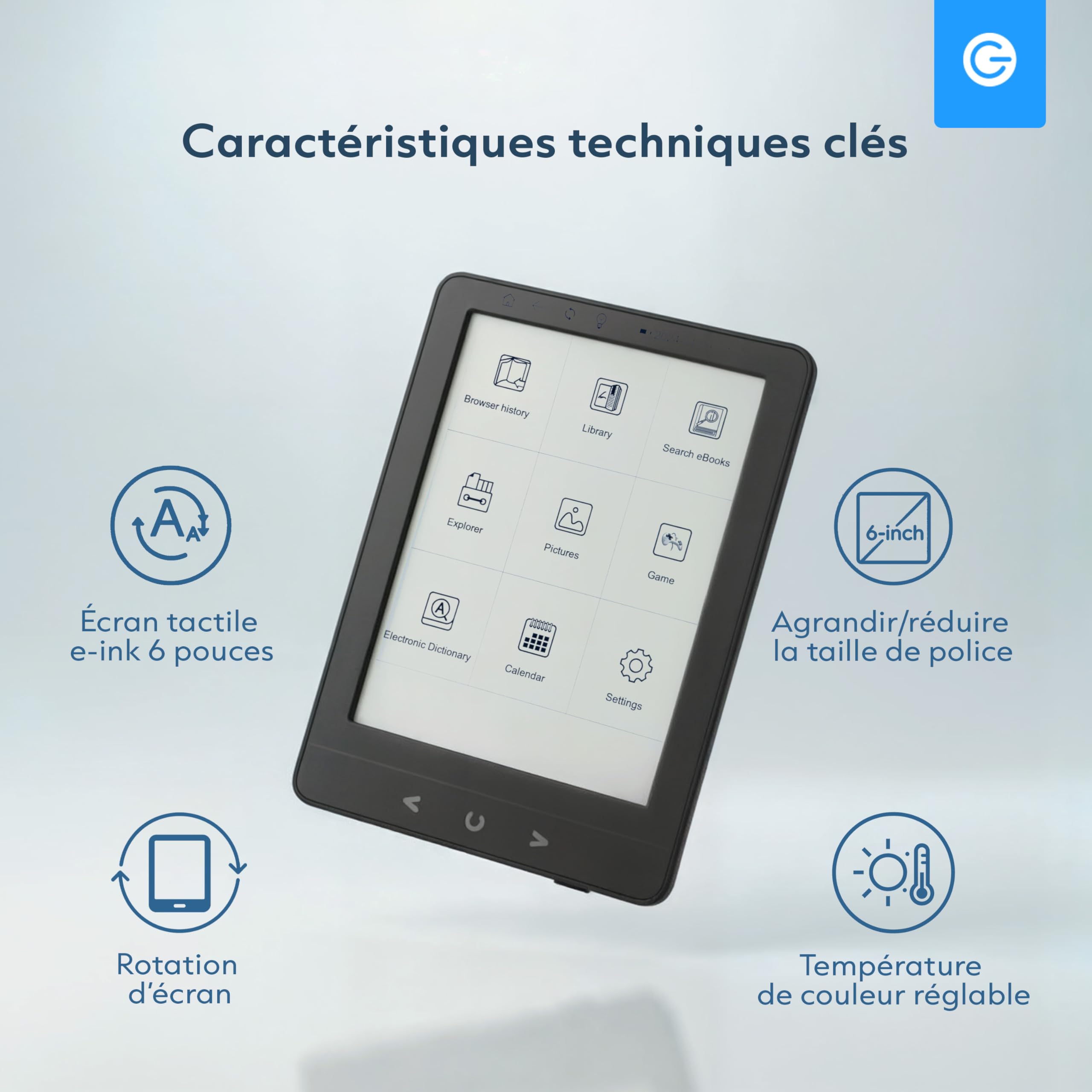 Silvergear® Ebook Reader avec Rétroéclairage | Écran Tactile E-Ink de 6 Pouces | Mémoire de 4 Go pour 3000+ E-Books | Pocketbook | Antireflet et Léger | Noir