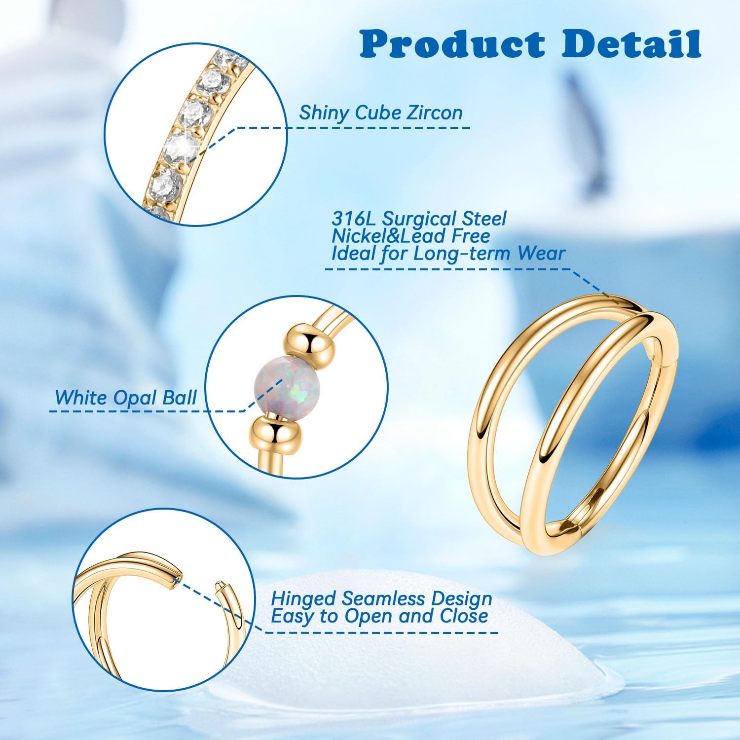 FUNLMO 3Pcs Nose Rings 316L Surgical Steel Septum Rings Tragus Helix Conch Rook Daith Piercing Jewelry Cartilage Earring Lip Rings for Women Men - Image 2